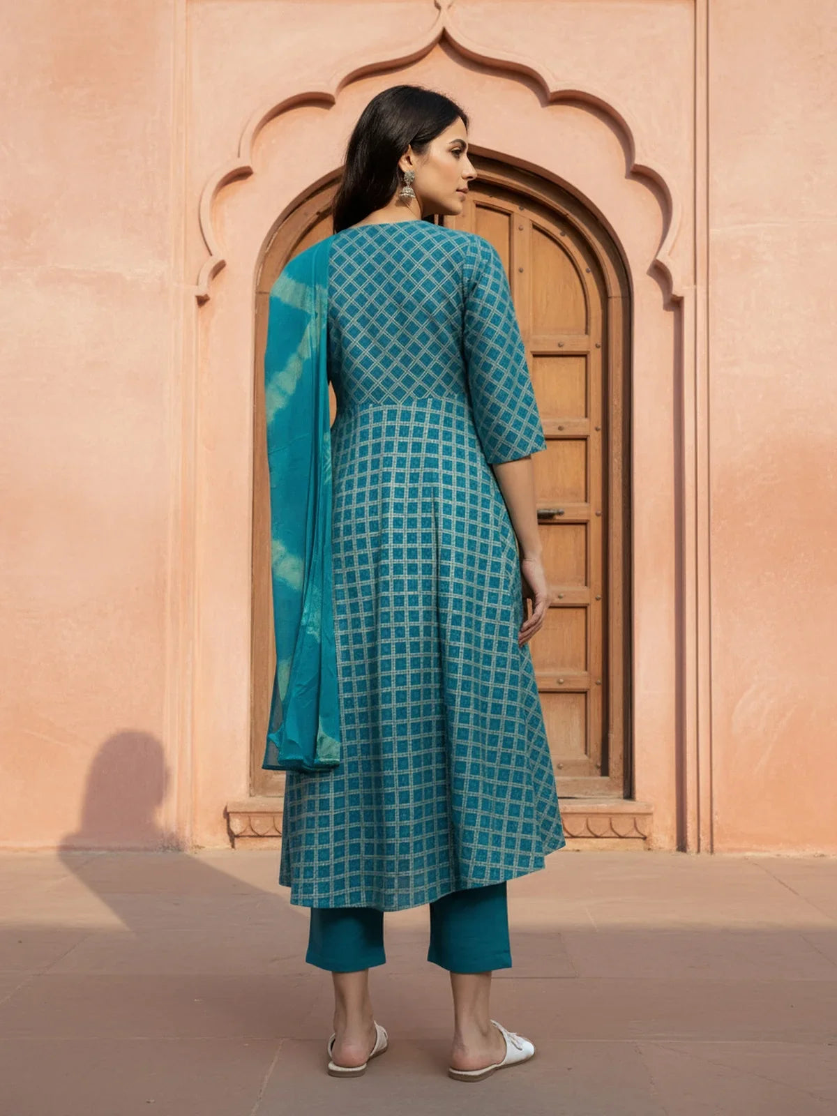 Buy Rayon Embroidered Anarkali Calf Length Kurta with Pant and Dupatta-Teal