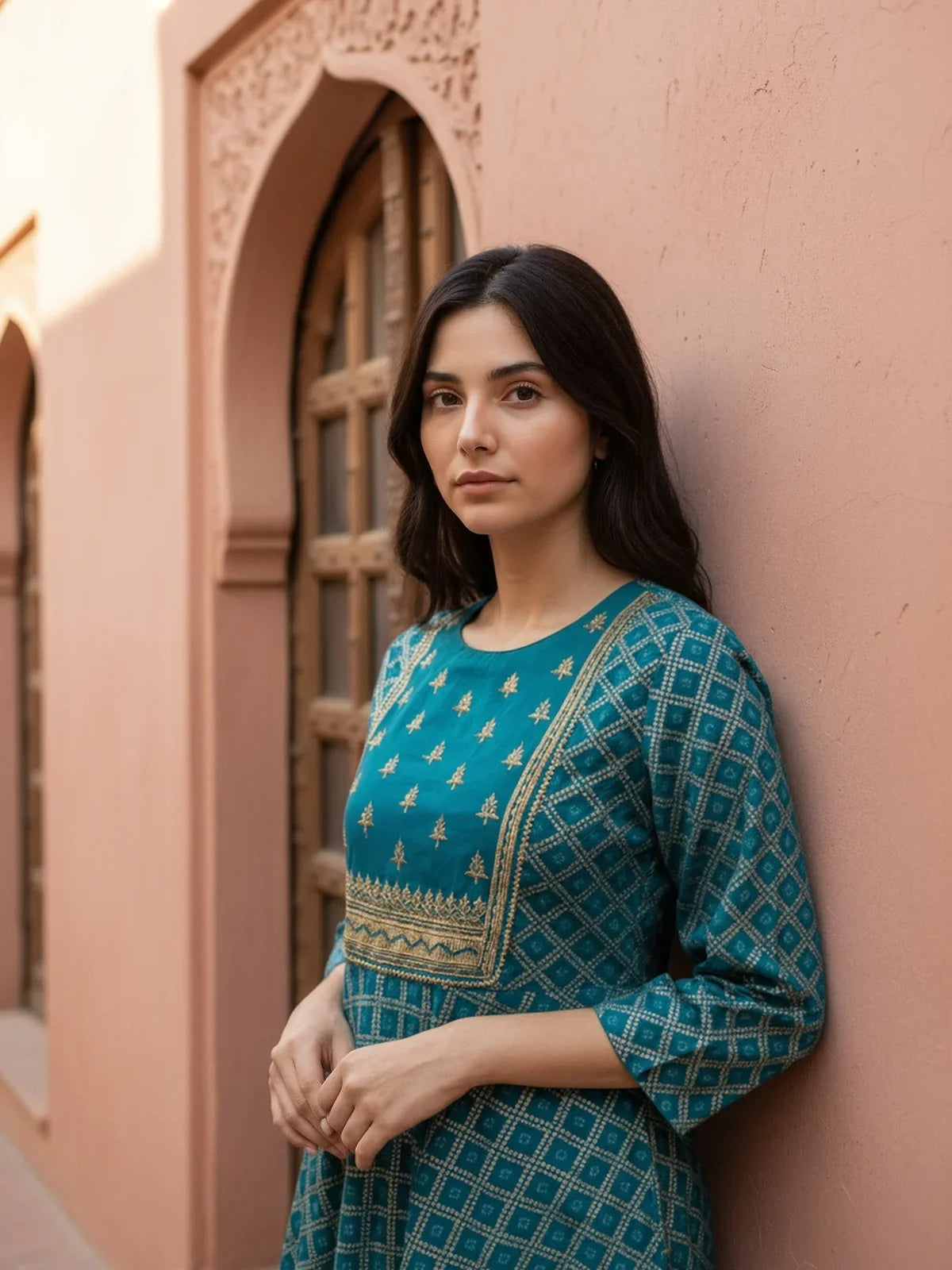 Buy Rayon Embroidered Anarkali Calf Length Kurta with Pant and Dupatta-Teal