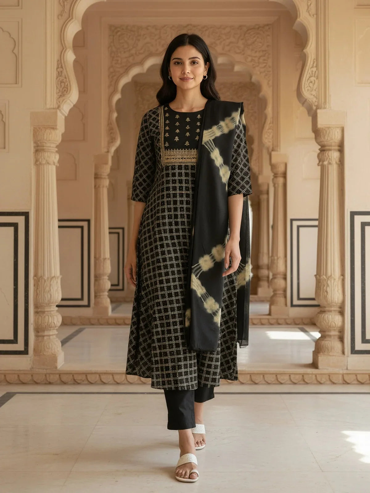 Buy Rayon Embroidered Anarkali Calf Length Kurta with Pant and Dupatta-Black
