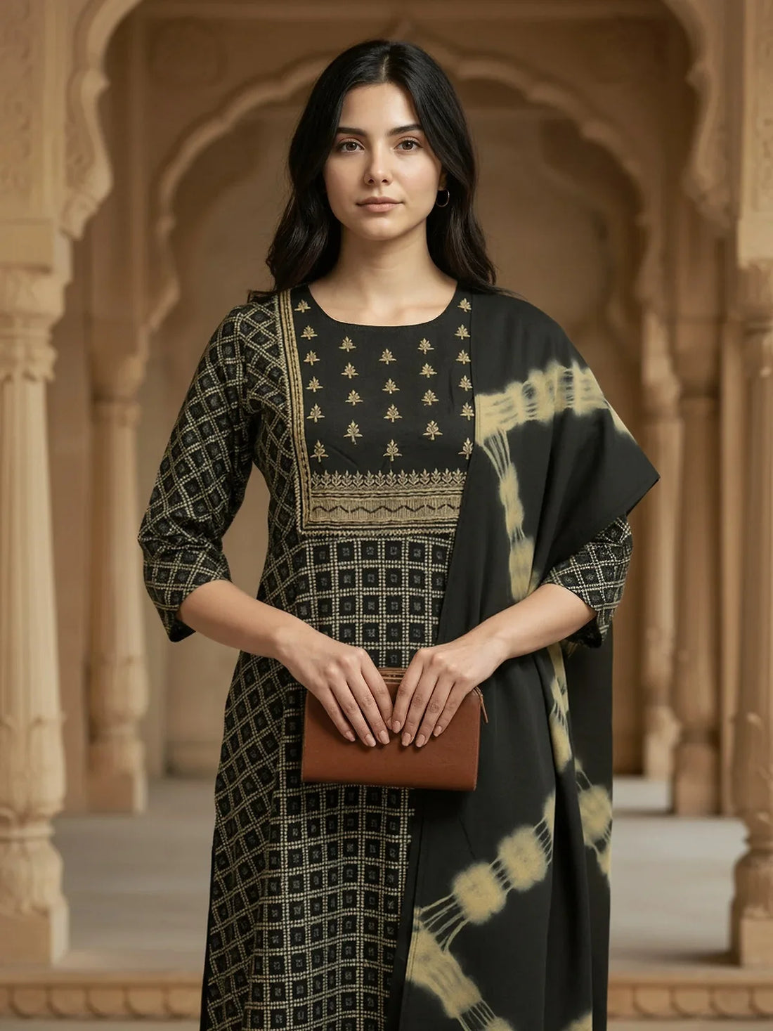 Buy Rayon Embroidered Anarkali Calf Length Kurta with Pant and Dupatta-Black