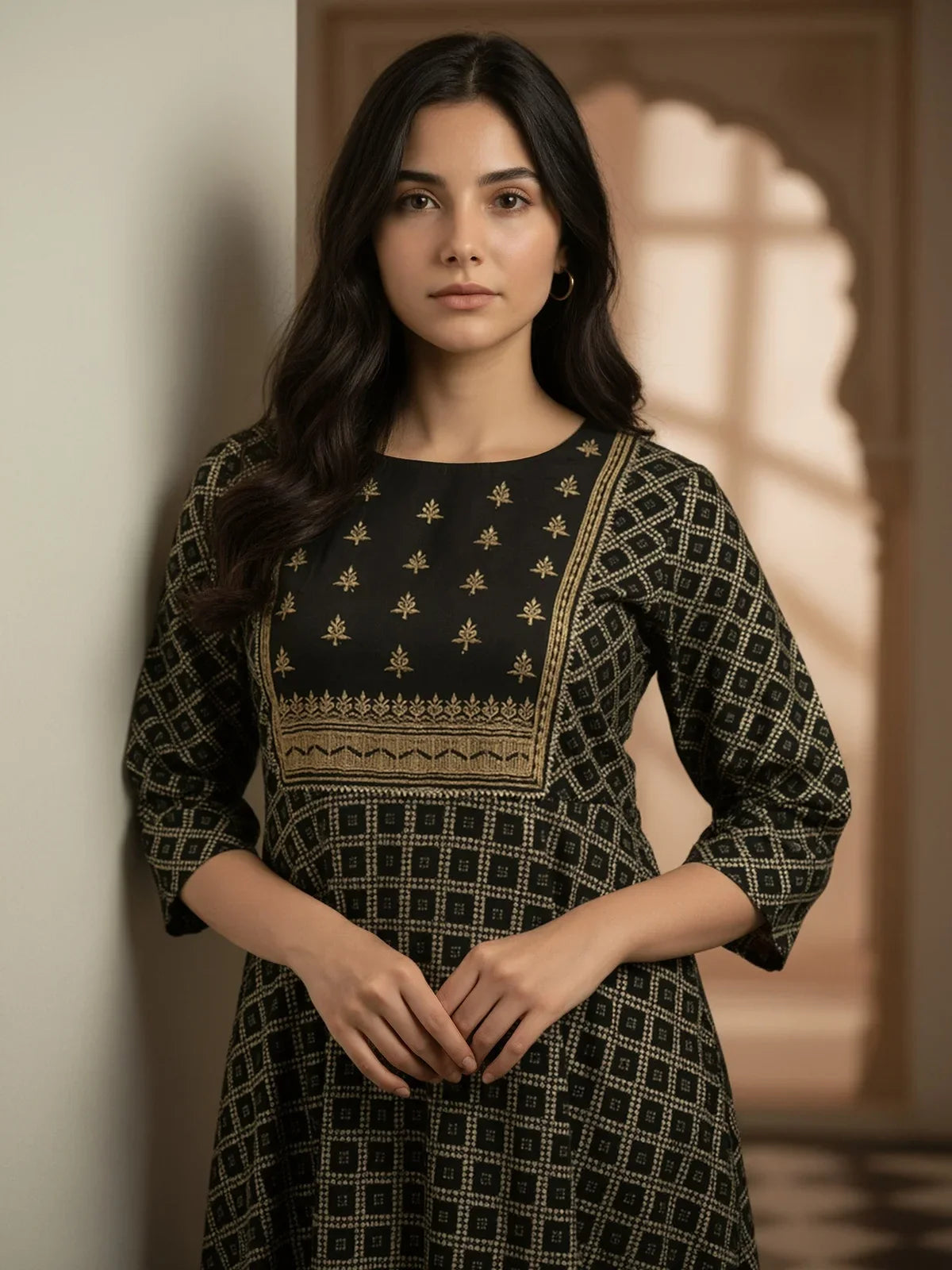 Buy Rayon Embroidered Anarkali Calf Length Kurta with Pant and Dupatta-Black