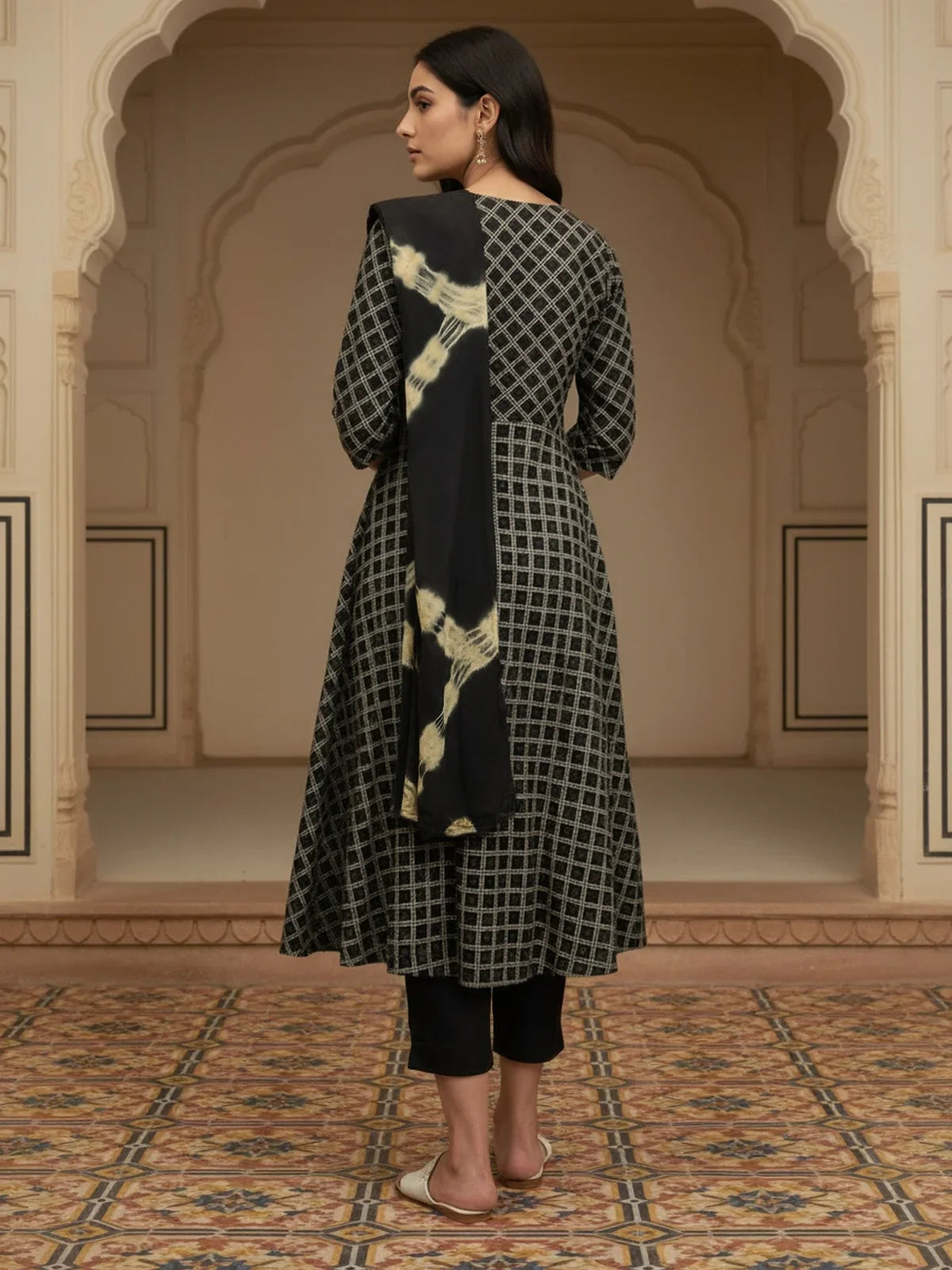 Buy Rayon Embroidered Anarkali Calf Length Kurta with Pant and Dupatta-Black
