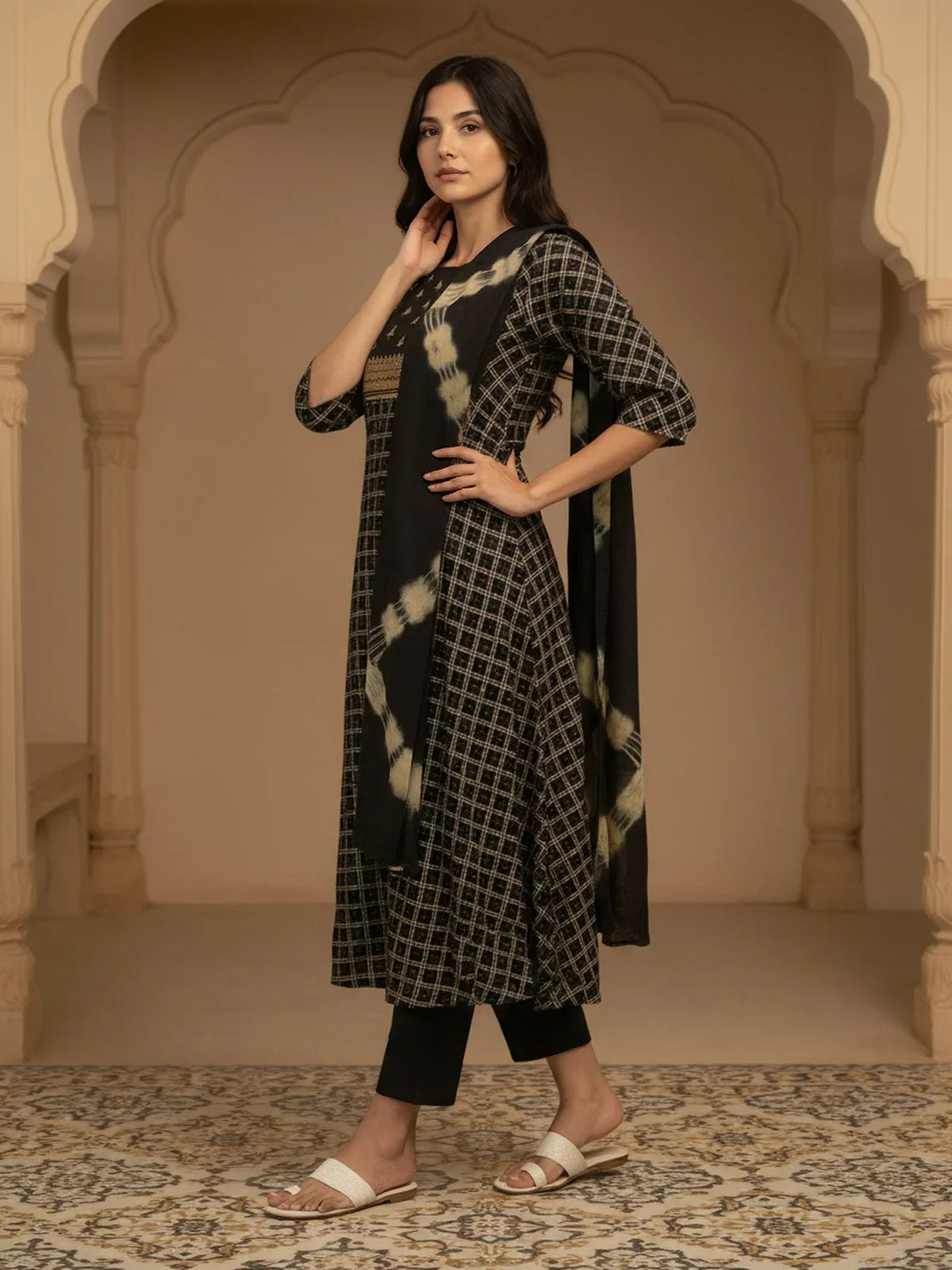 Buy Rayon Embroidered Anarkali Calf Length Kurta with Pant and Dupatta-Black