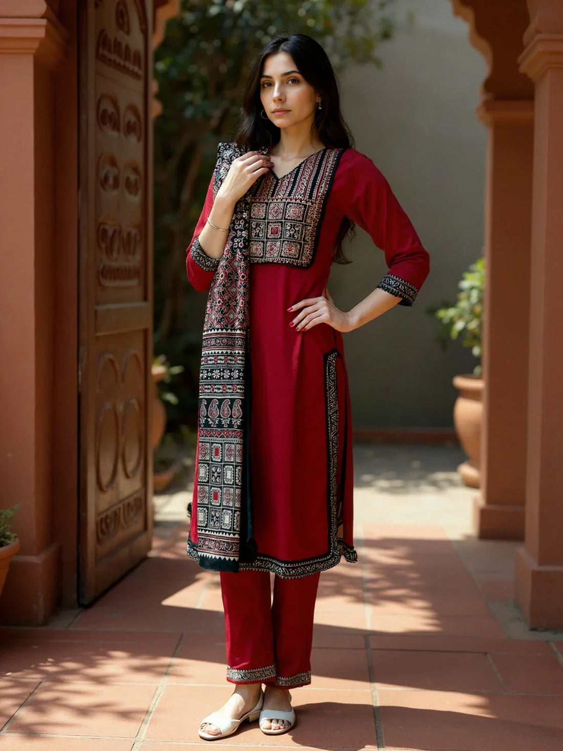 Buy Cotton Embroidered Straight Calf Length Kurta with Pant and Dupatta-Maroon