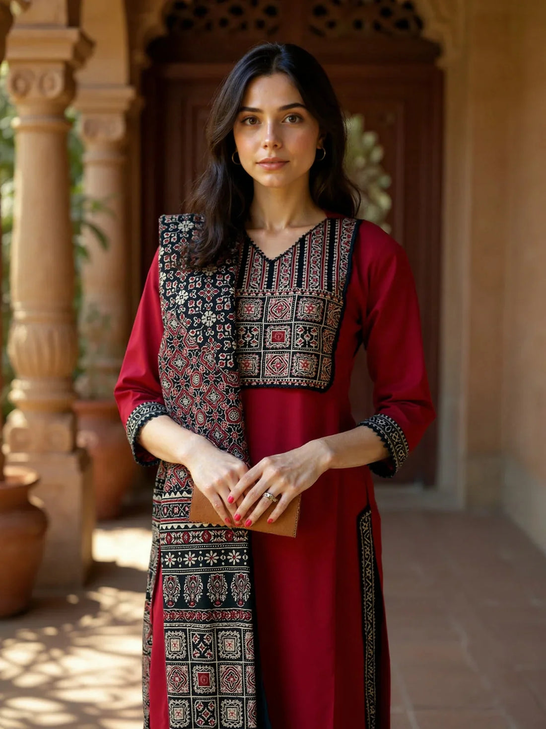 Buy Cotton Embroidered Straight Calf Length Kurta with Pant and Dupatta-Maroon