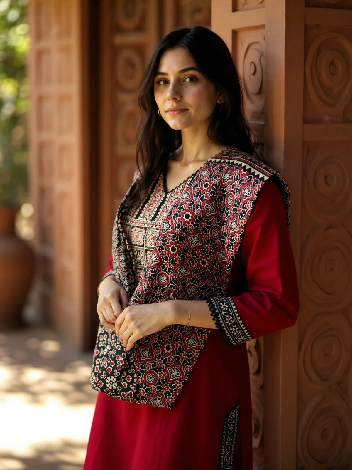 Buy Cotton Embroidered Straight Calf Length Kurta with Pant and Dupatta-Maroon