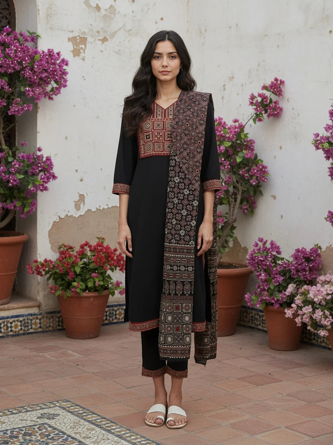 Buy Cotton Embroidered Straight Calf Length Kurta with Pant and Dupatta-Black