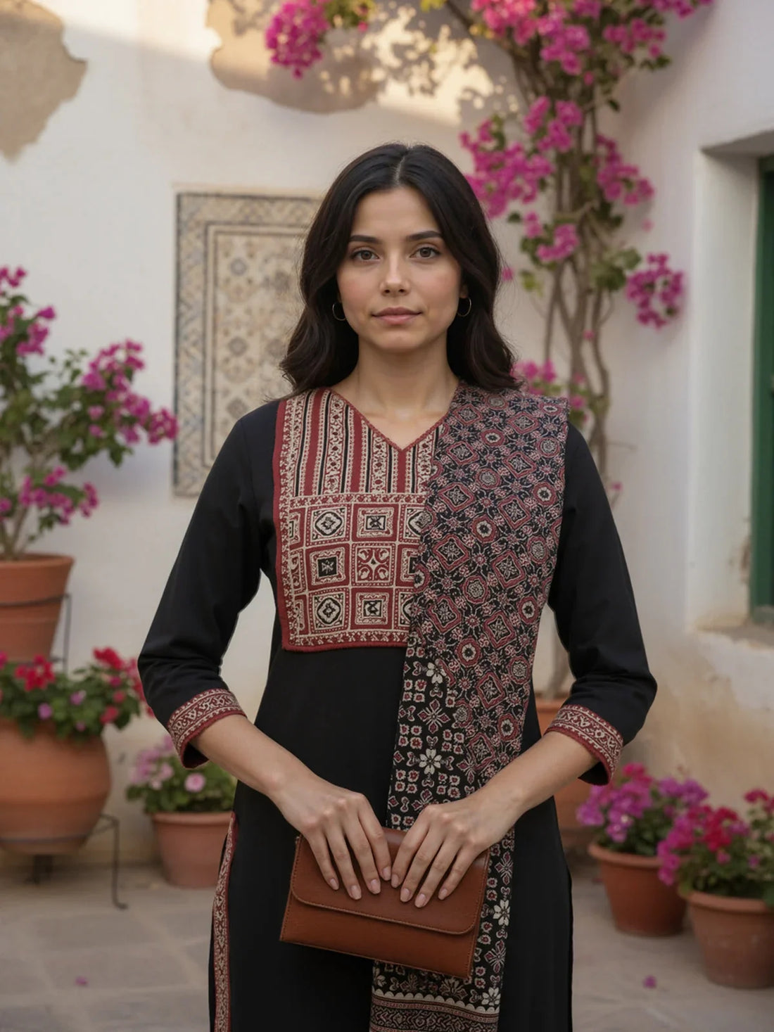 Buy Cotton Embroidered Straight Calf Length Kurta with Pant and Dupatta-Black