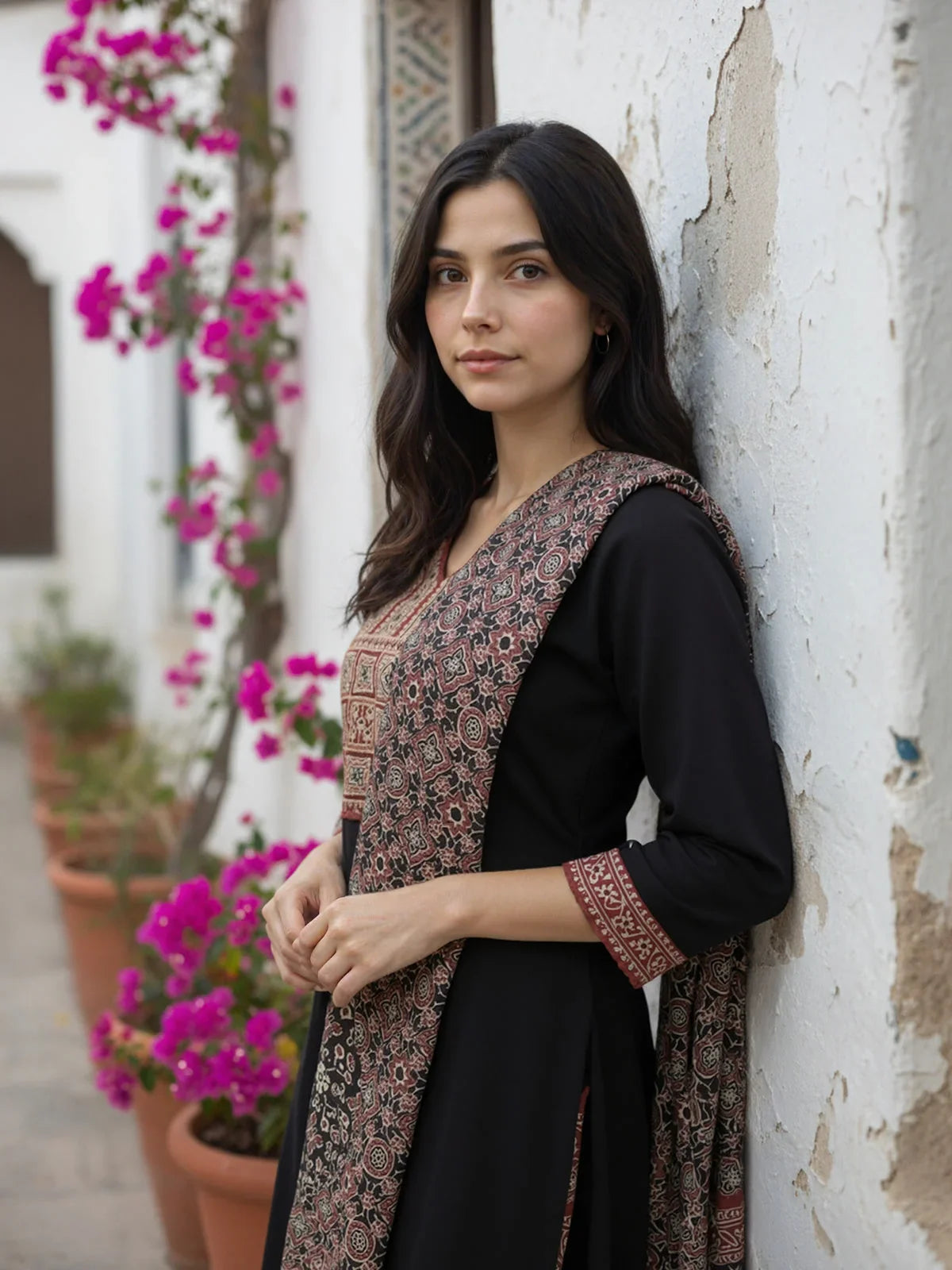 Buy Cotton Embroidered Straight Calf Length Kurta with Pant and Dupatta-Black