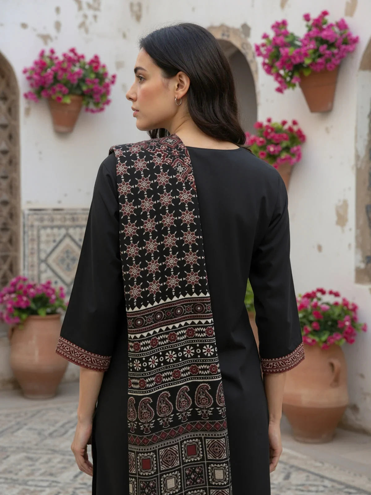 Buy Cotton Embroidered Straight Calf Length Kurta with Pant and Dupatta-Black