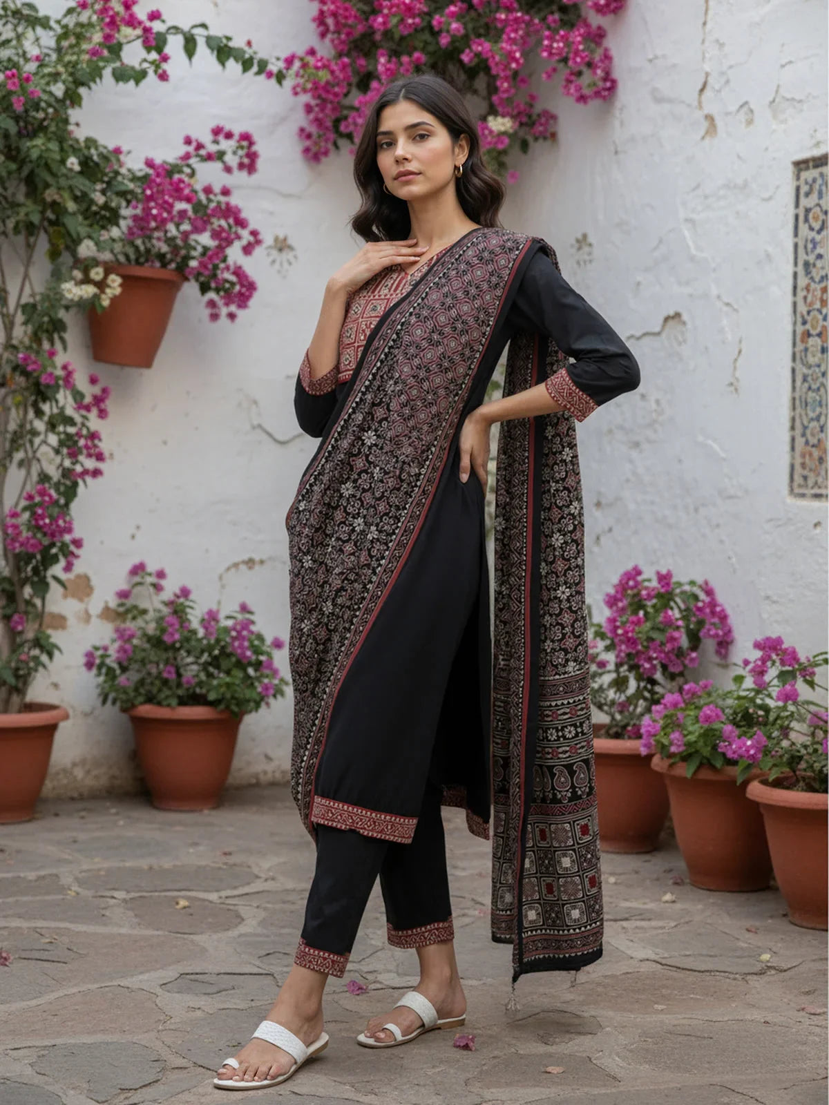 Buy Cotton Embroidered Straight Calf Length Kurta with Pant and Dupatta-Black