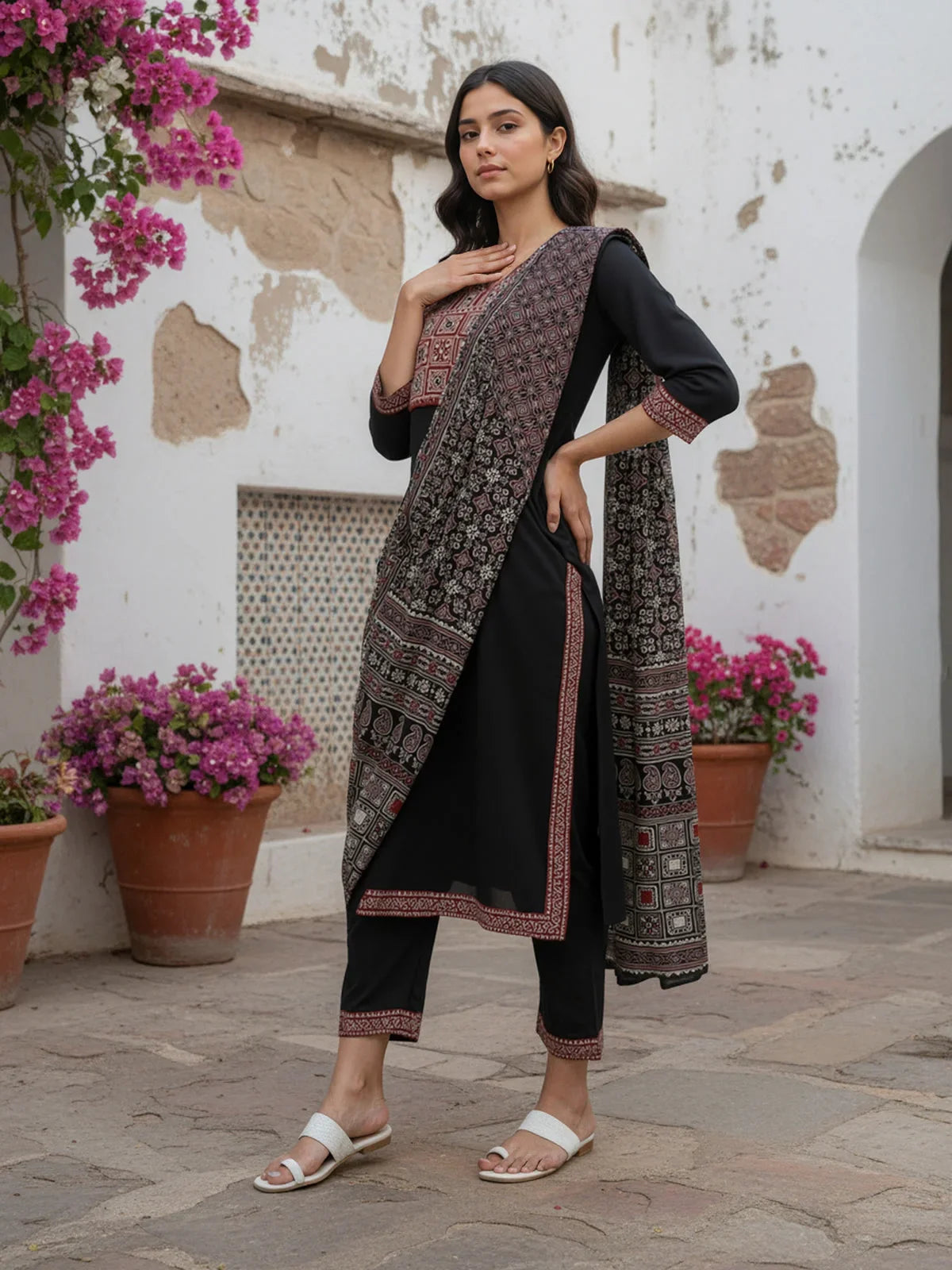 Buy Cotton Embroidered Straight Calf Length Kurta with Pant and Dupatta-Black