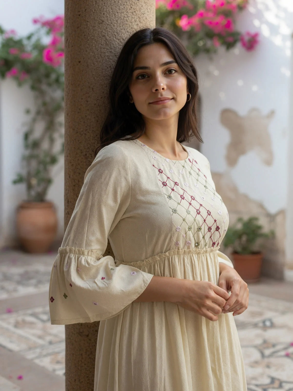 Buy Rayon Embroidered Flared Calf Length Dress-Beige