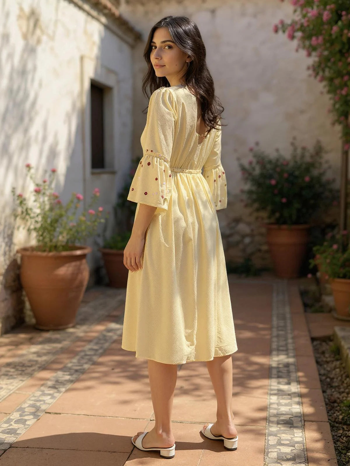 Buy Rayon Embroidered Flared Calf Length Dress-Beige