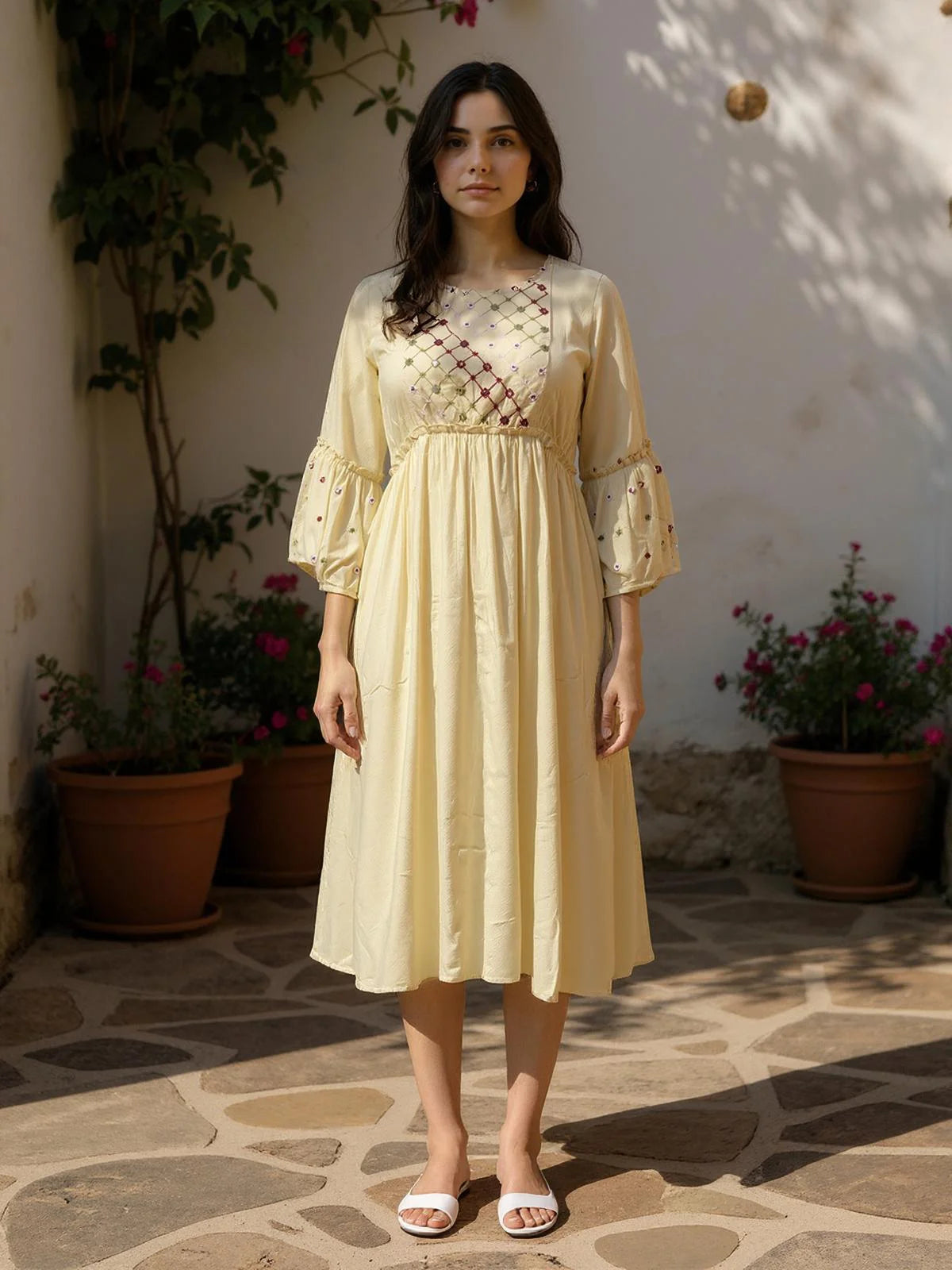 Buy Rayon Embroidered Flared Calf Length Dress-Beige
