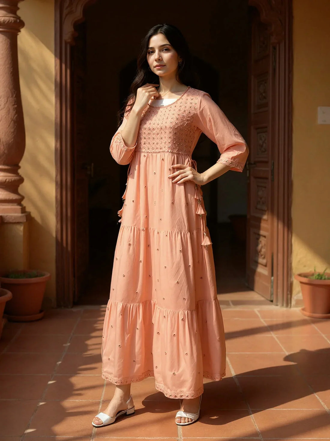 Buy Rayon Embroidered Tiered Calf Length Kurta-Peach