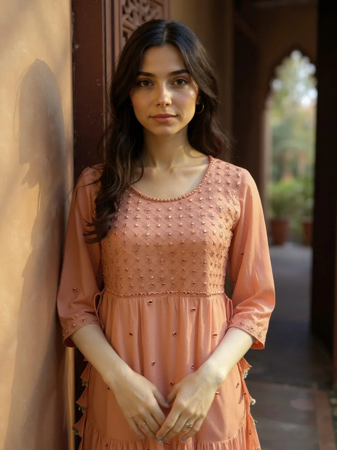 Buy Rayon Embroidered Tiered Calf Length Kurta-Peach