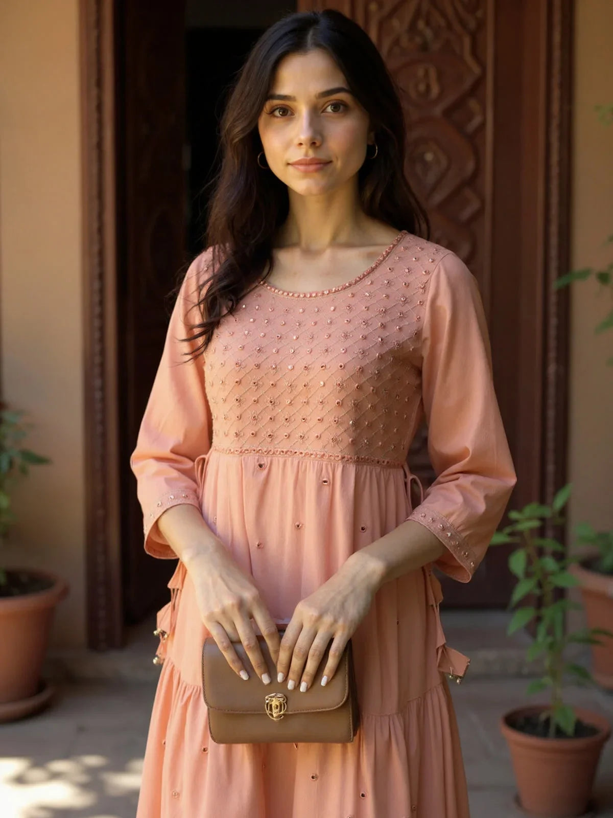 Buy Rayon Embroidered Tiered Calf Length Kurta-Peach