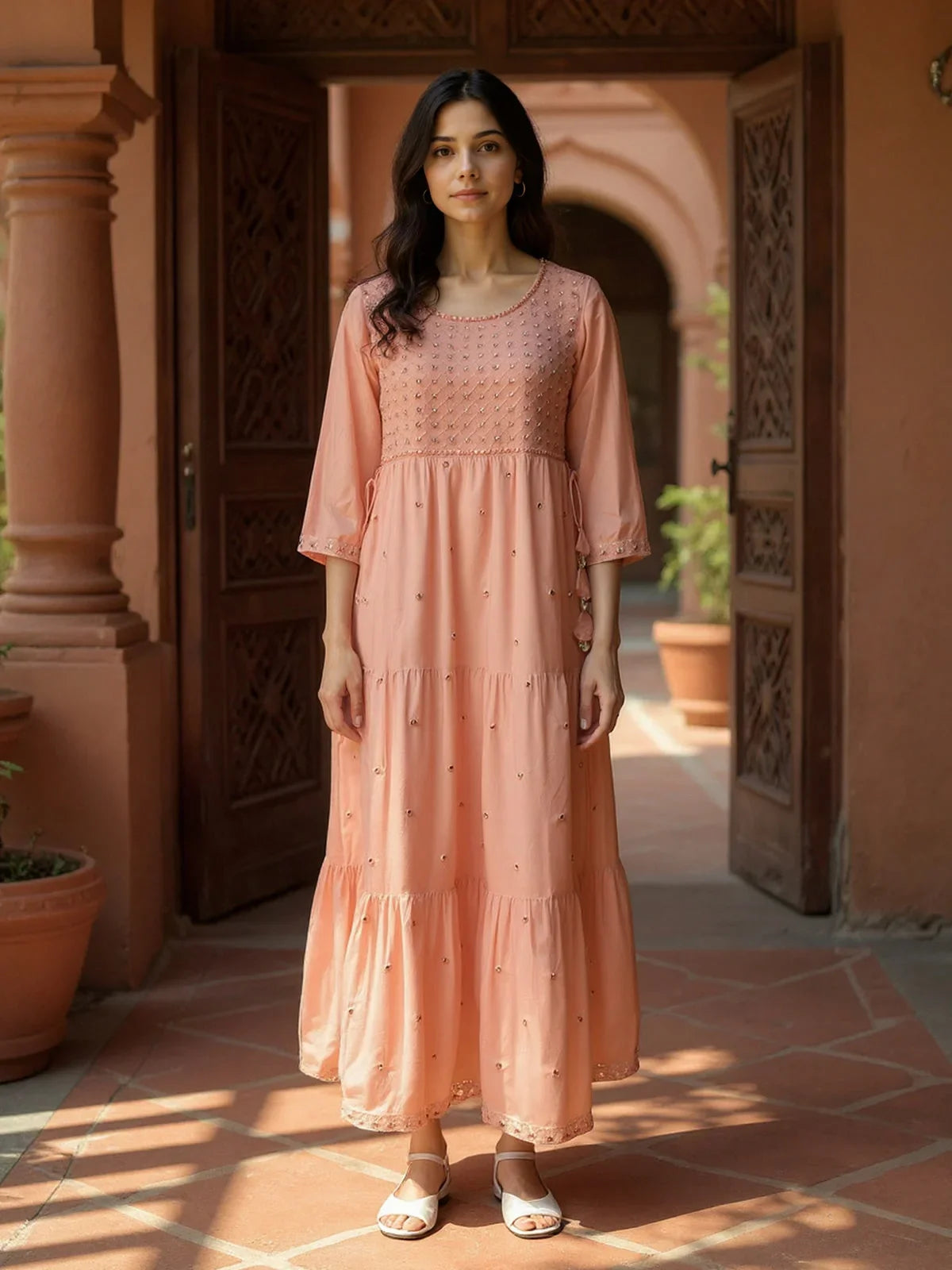 Buy Rayon Embroidered Tiered Calf Length Kurta-Peach