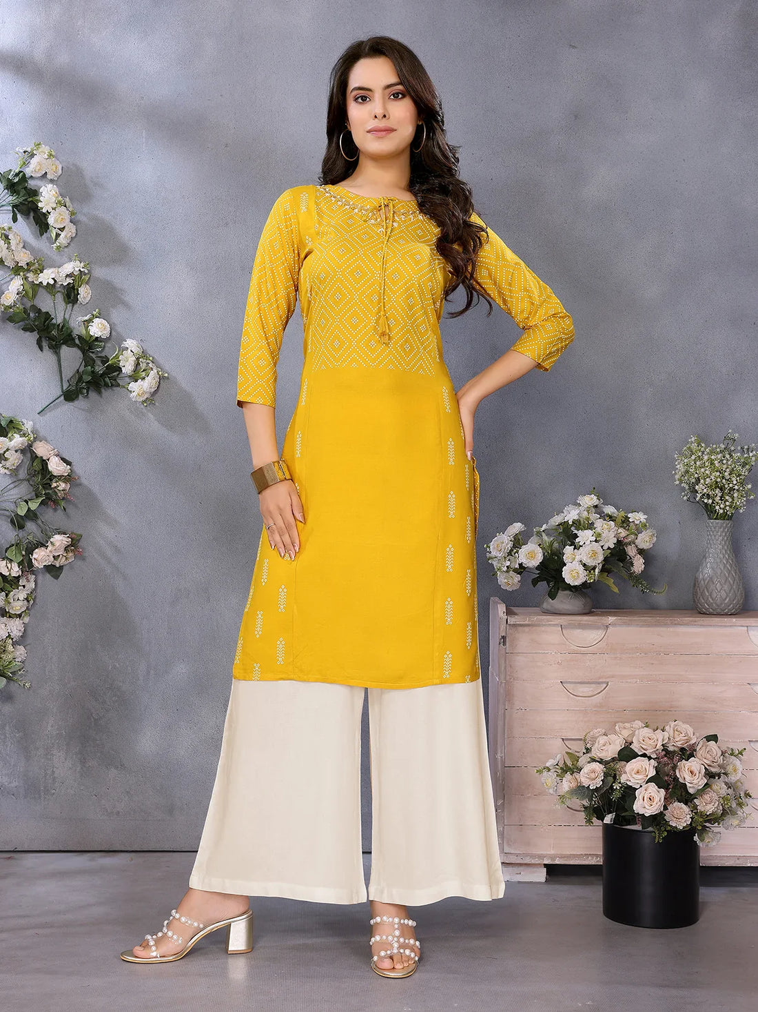 Buy Rayon Printed Straight Knee Length Kurta-Yellow