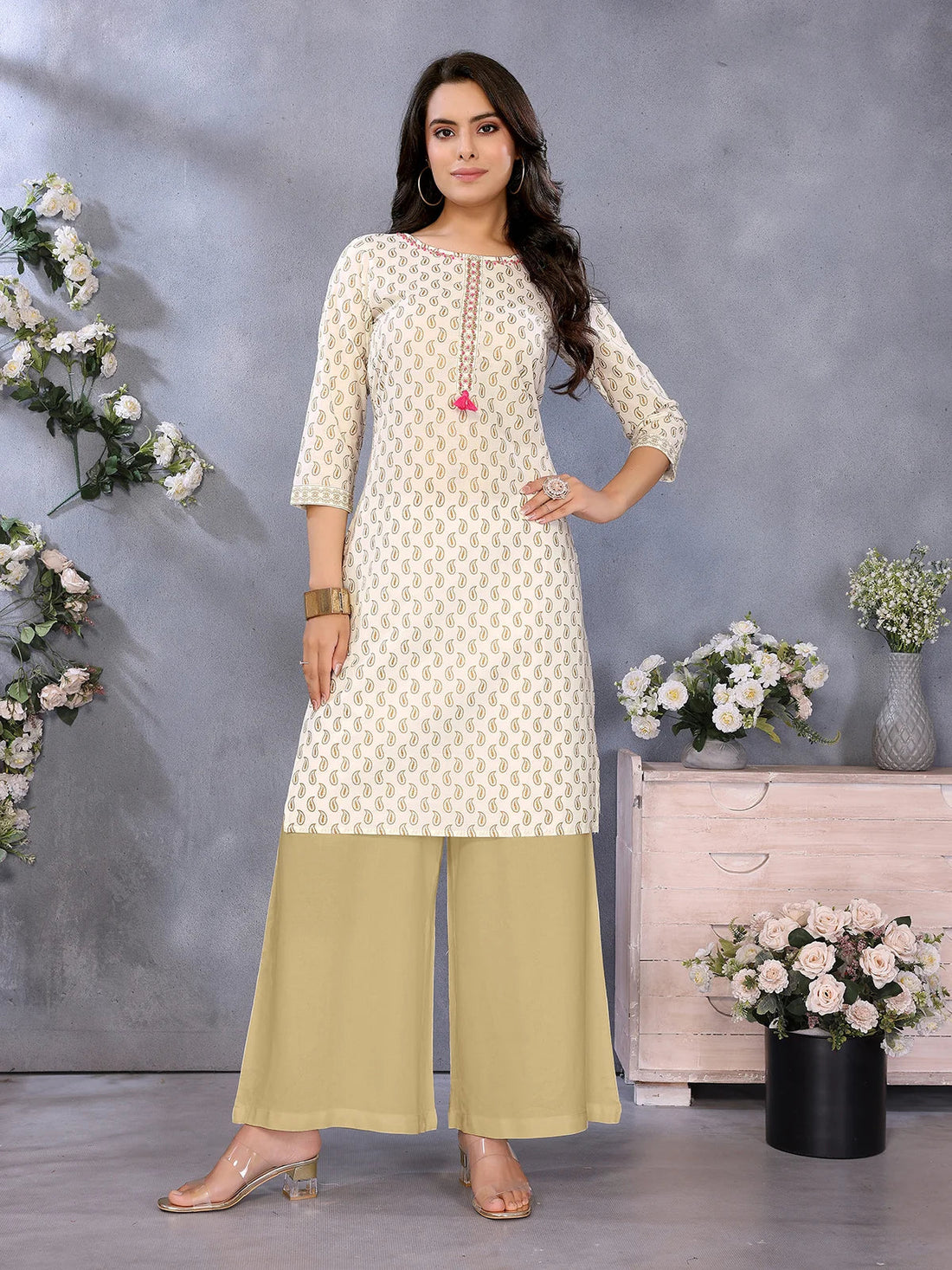 Buy Cotton Printed Straight Knee Length Kurta-Off White