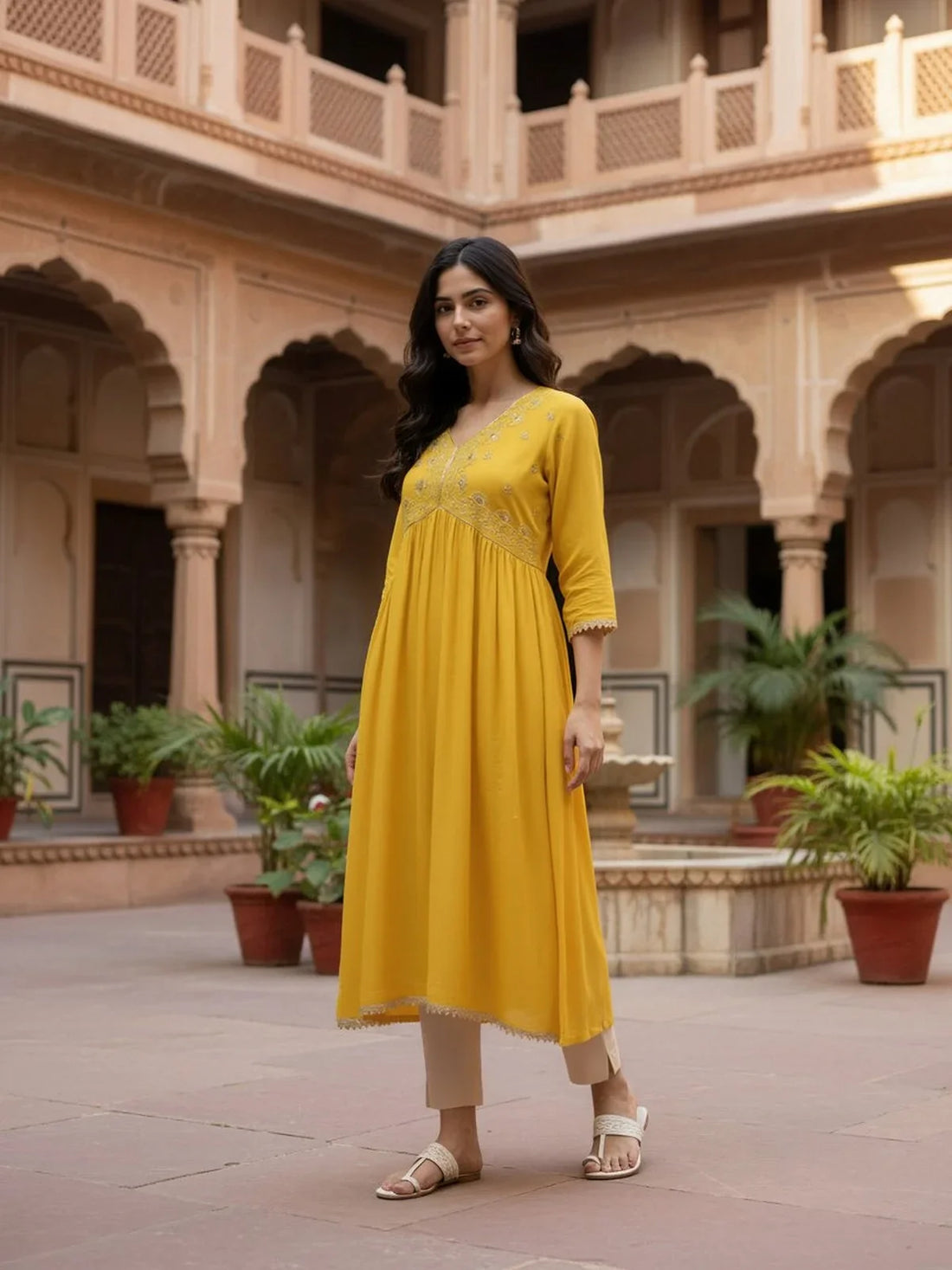 Buy Rayon Slub Embroidered Anarkali Calf Length Kurta-Mustard