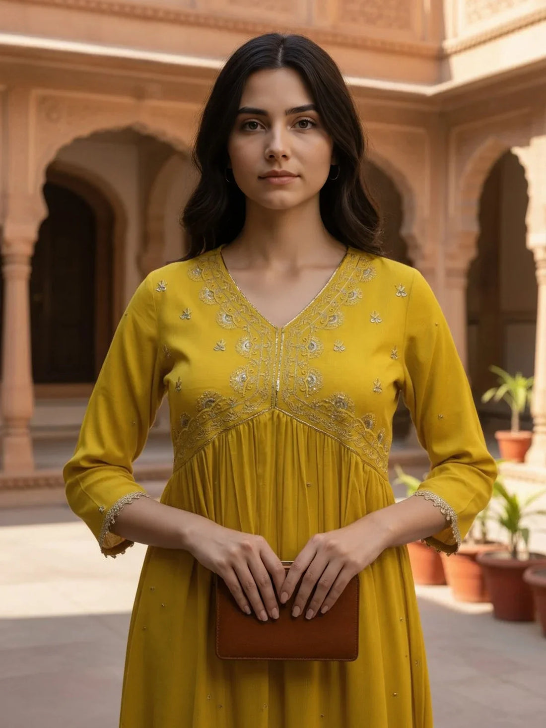Buy Rayon Slub Embroidered Anarkali Calf Length Kurta-Mustard