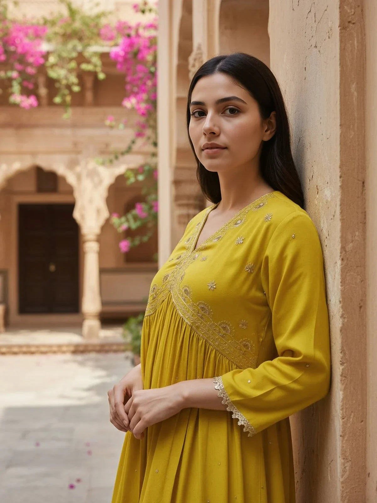 Buy Rayon Slub Embroidered Anarkali Calf Length Kurta-Mustard