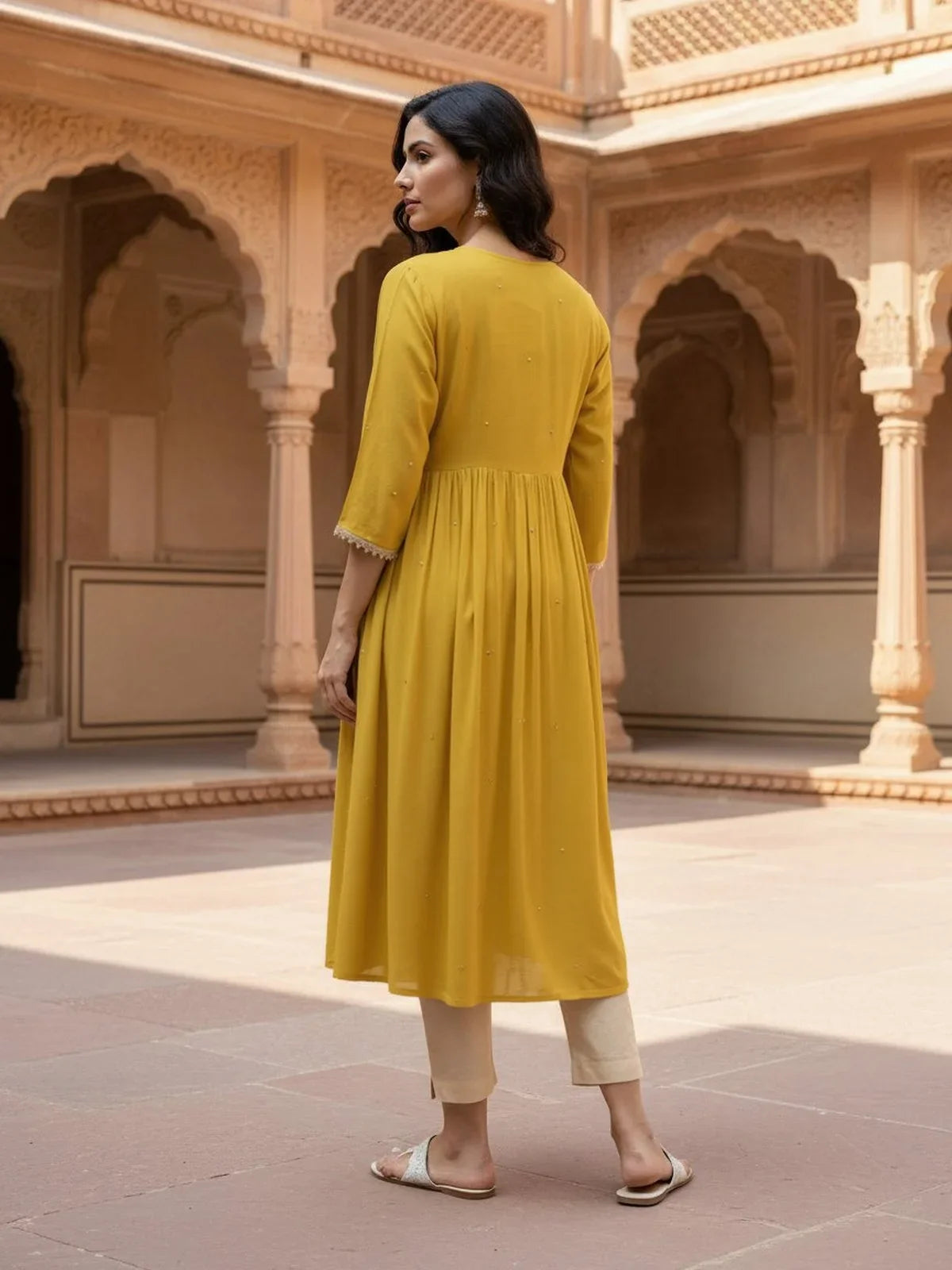 Buy Rayon Slub Embroidered Anarkali Calf Length Kurta-Mustard