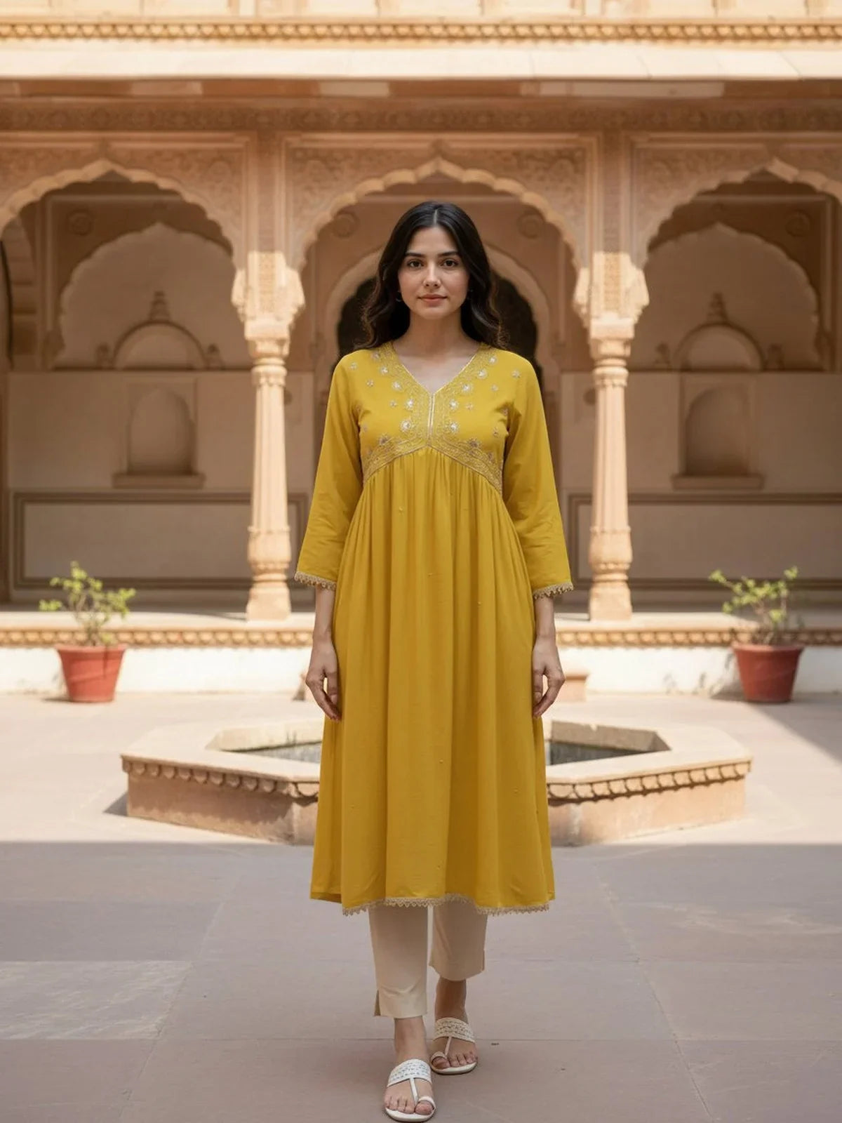Buy Rayon Slub Embroidered Anarkali Calf Length Kurta-Mustard