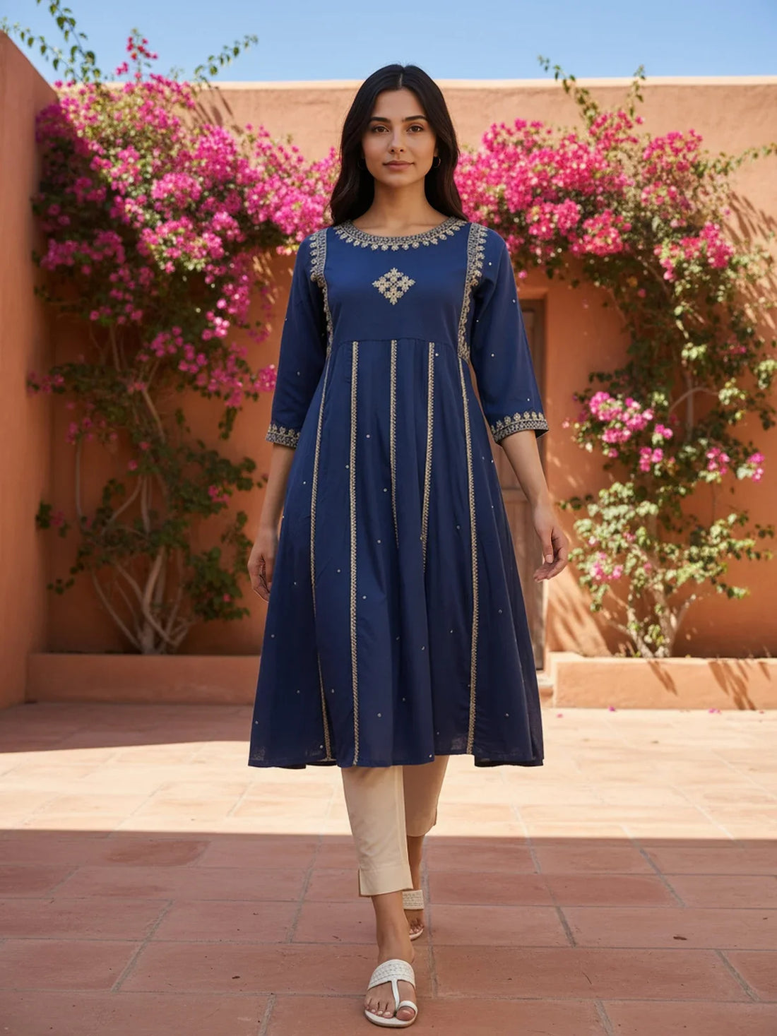 Buy Rayon Slub Embroidered Anarkali Calf Length Kurta-Navy Blue