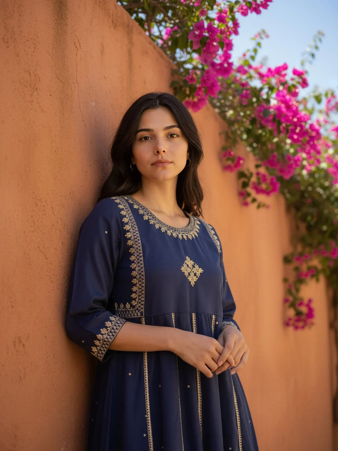 Buy Rayon Slub Embroidered Anarkali Calf Length Kurta-Navy Blue