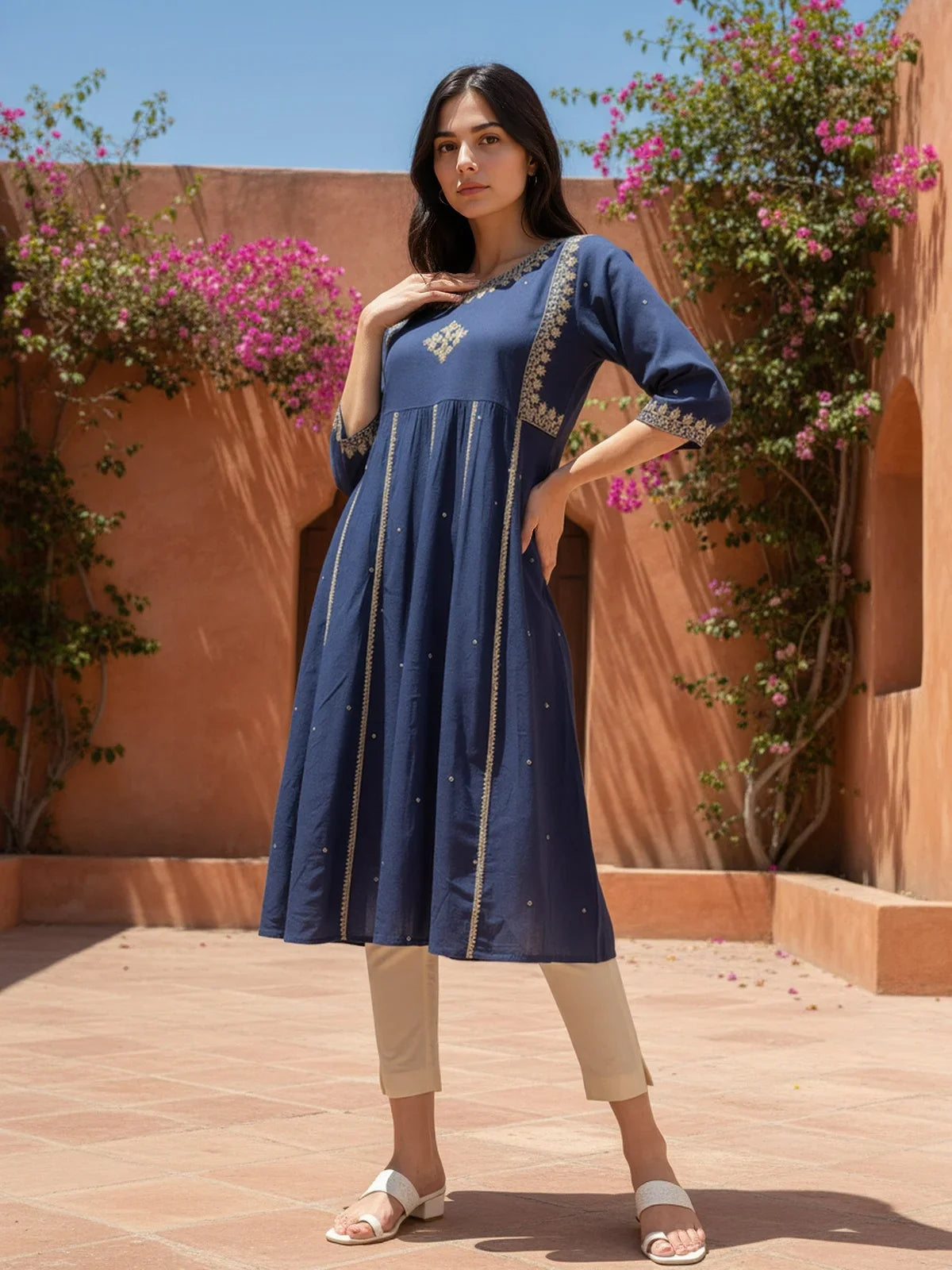 Buy Rayon Slub Embroidered Anarkali Calf Length Kurta-Navy Blue