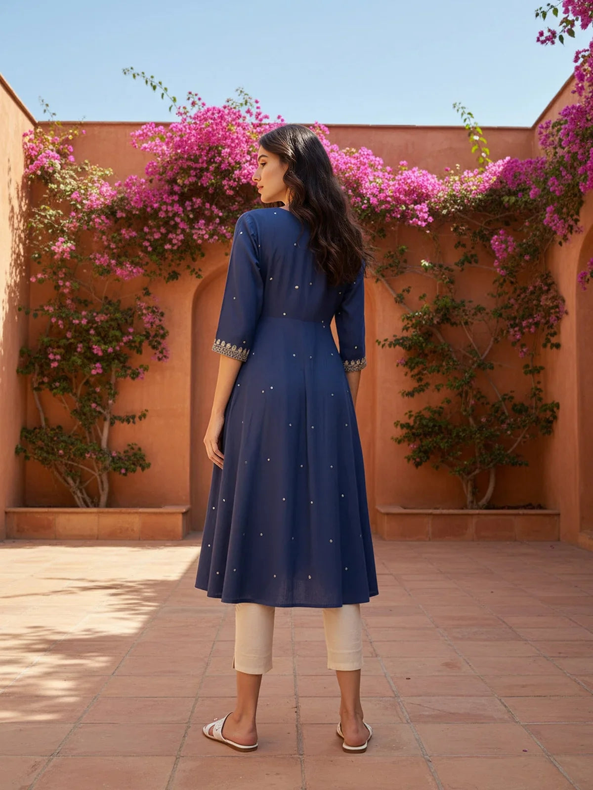 Buy Rayon Slub Embroidered Anarkali Calf Length Kurta-Navy Blue