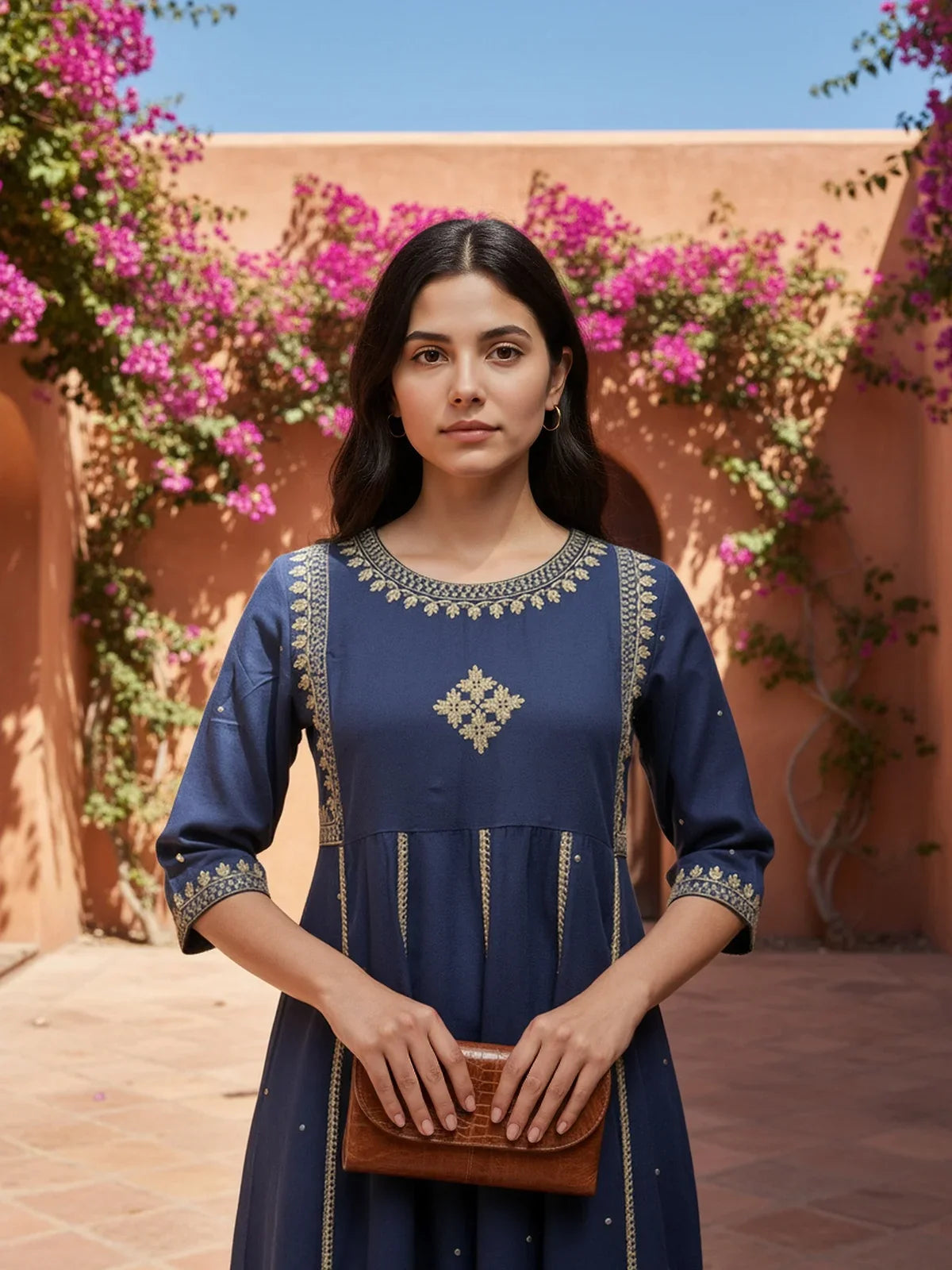 Buy Rayon Slub Embroidered Anarkali Calf Length Kurta-Navy Blue