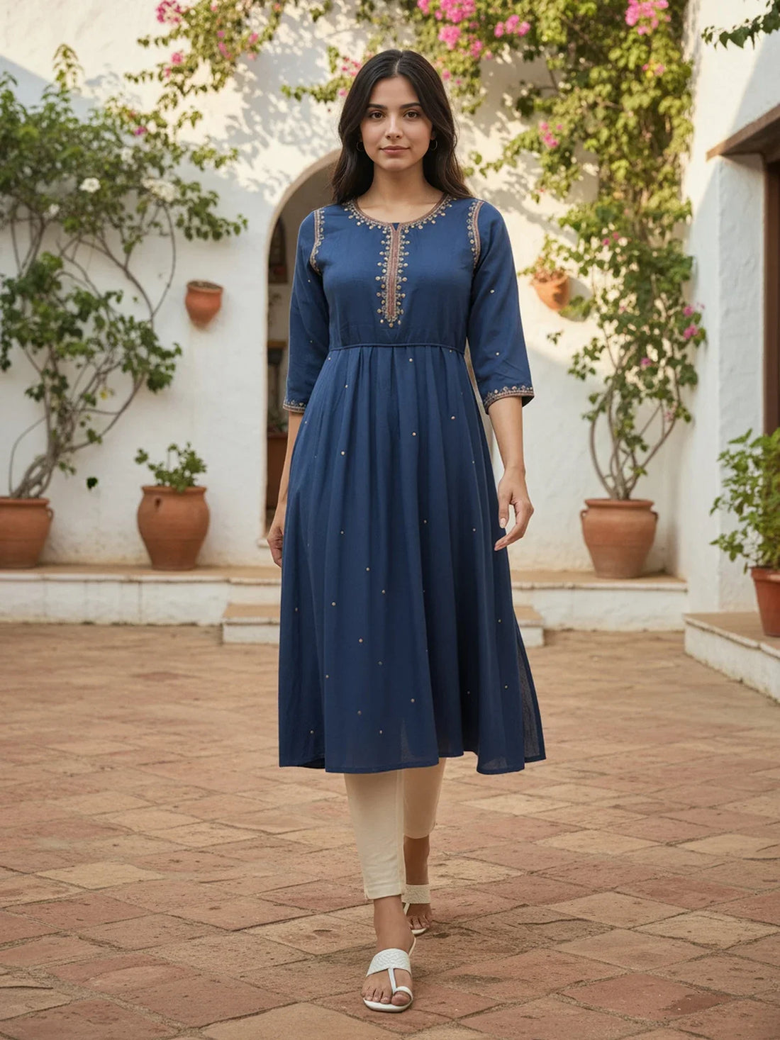 Buy Rayon Slub Embroidered Anarkali Calf Length Kurta-Navy Blue