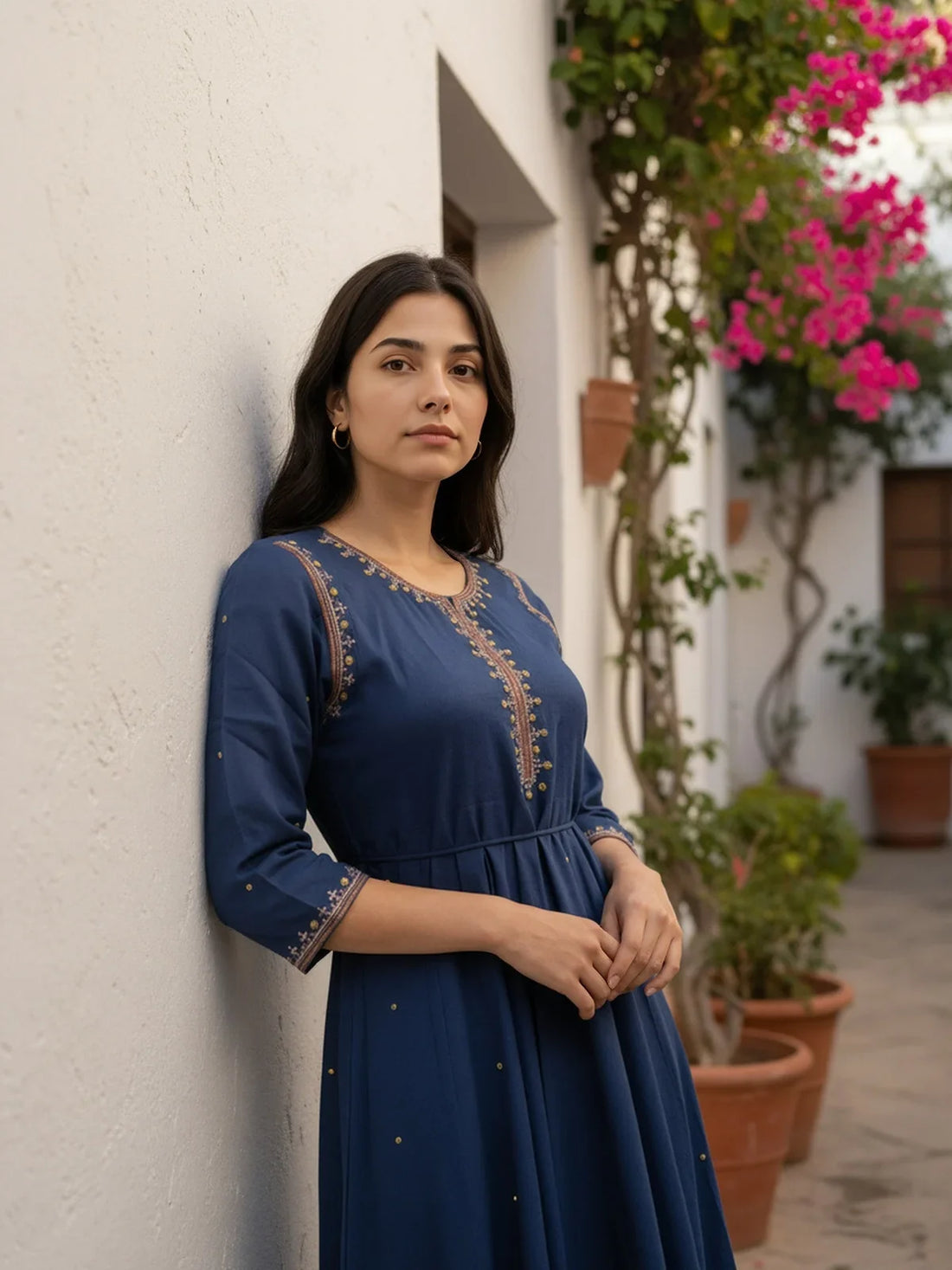 Buy Rayon Slub Embroidered Anarkali Calf Length Kurta-Navy Blue