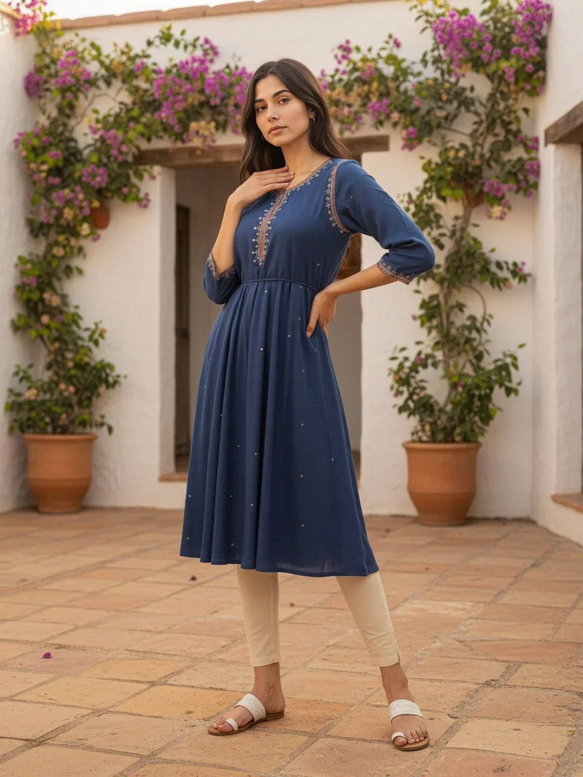 Buy Rayon Slub Embroidered Anarkali Calf Length Kurta-Navy Blue
