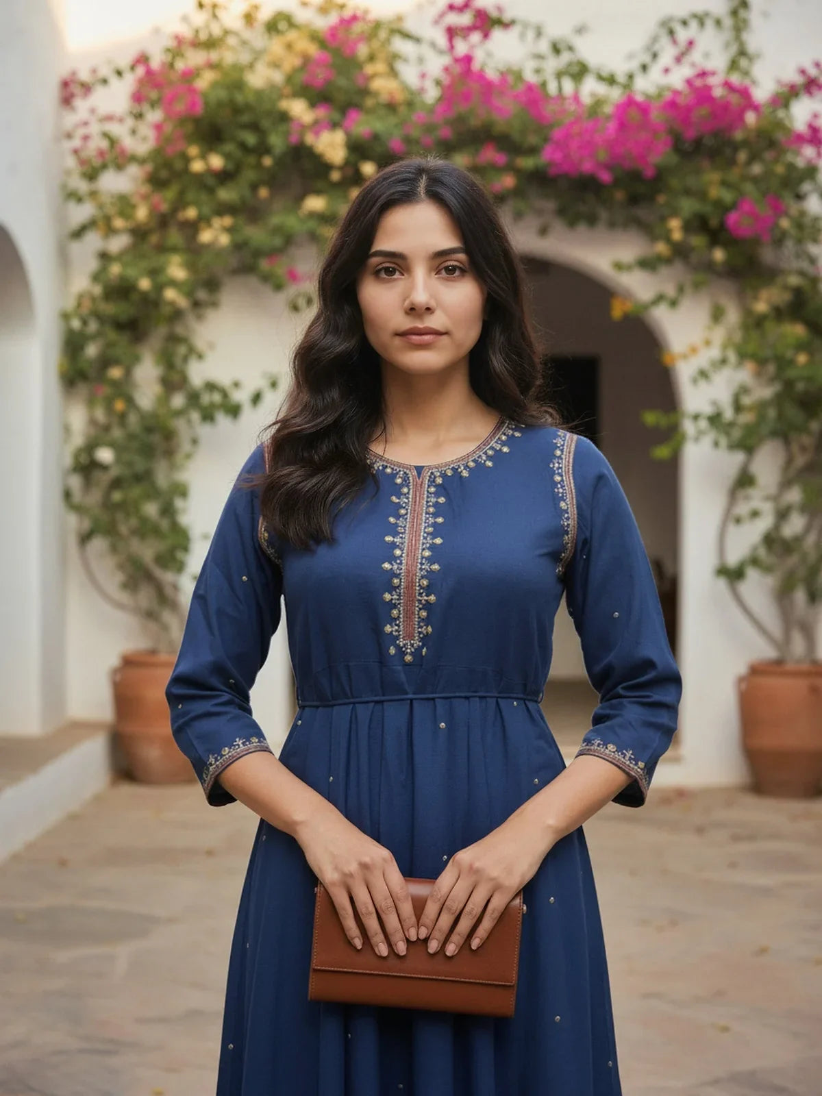 Buy Rayon Slub Embroidered Anarkali Calf Length Kurta-Navy Blue