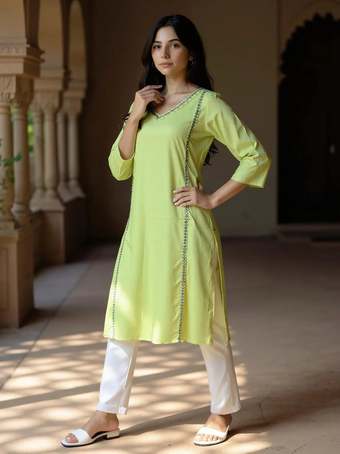Buy Rayon Embroidered Straight Calf Length Kurta-Green