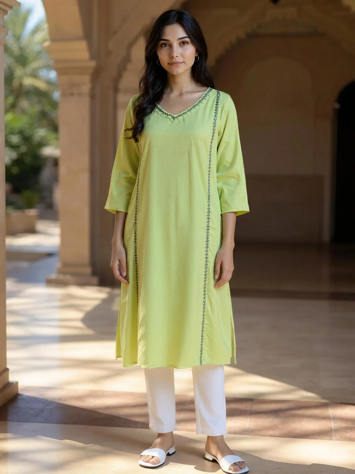 Buy Rayon Embroidered Straight Calf Length Kurta-Green