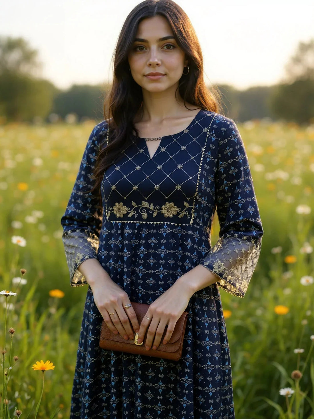Buy Rayon Embroidered Anarkali Calf Length Kurta-Blue