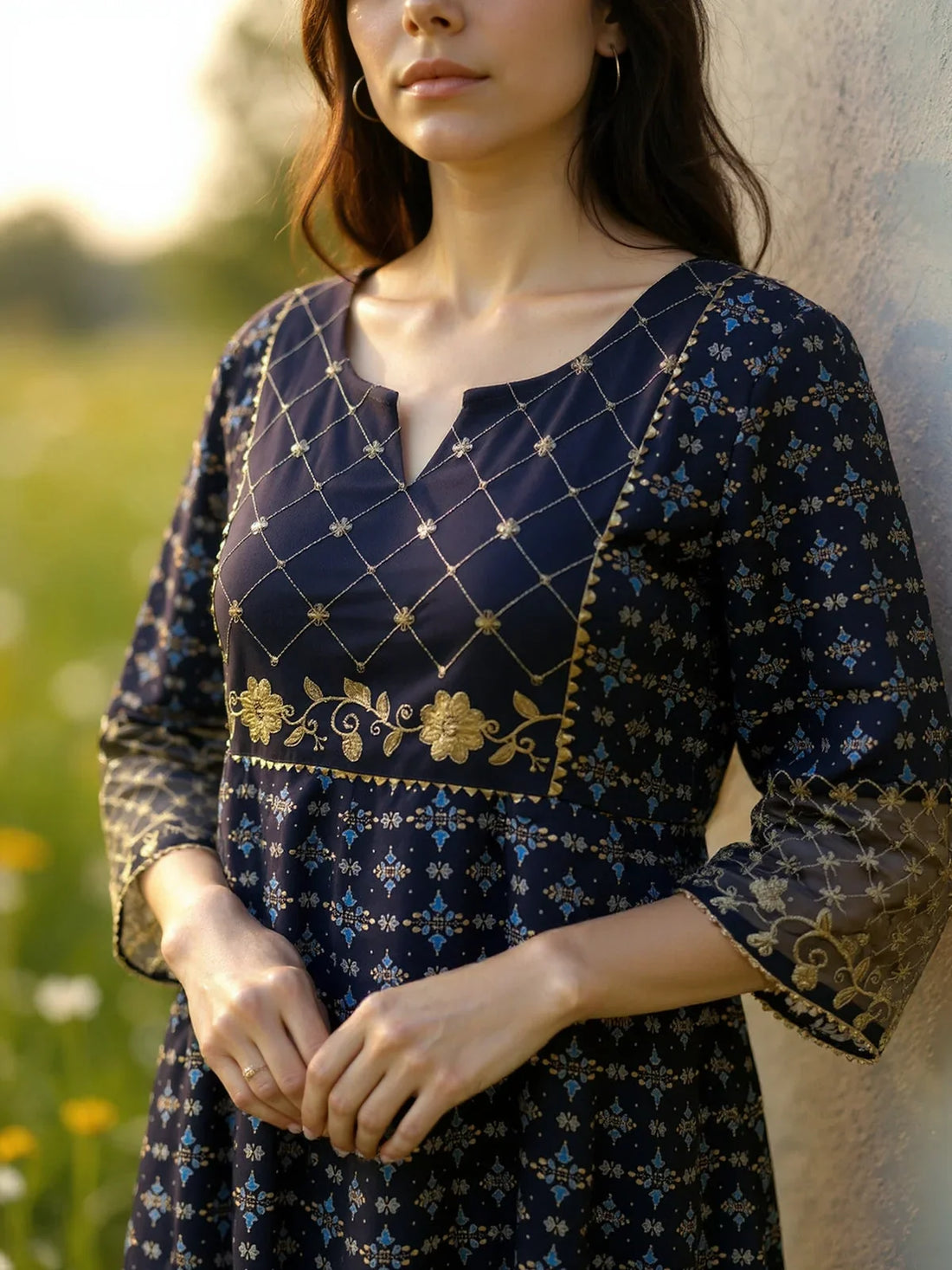 Buy Rayon Embroidered Anarkali Calf Length Kurta-Blue