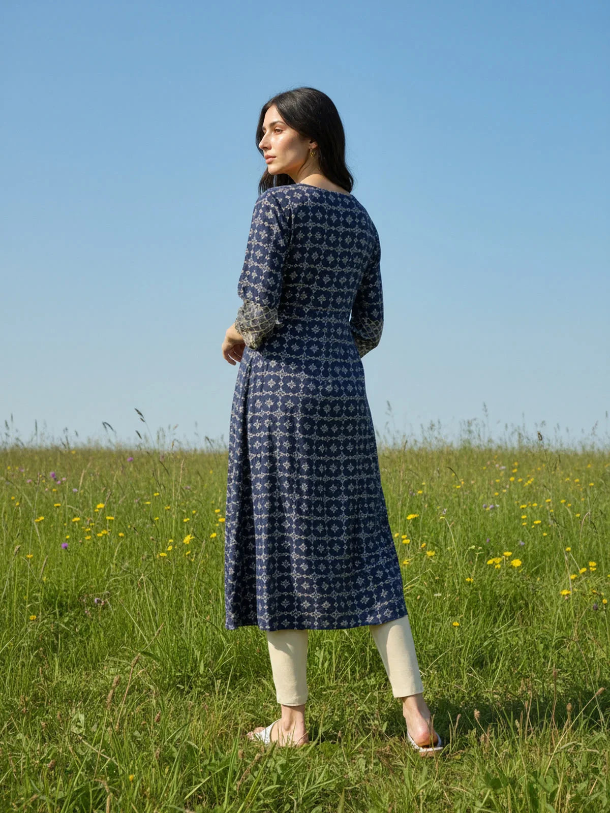 Buy Rayon Embroidered Anarkali Calf Length Kurta-Blue