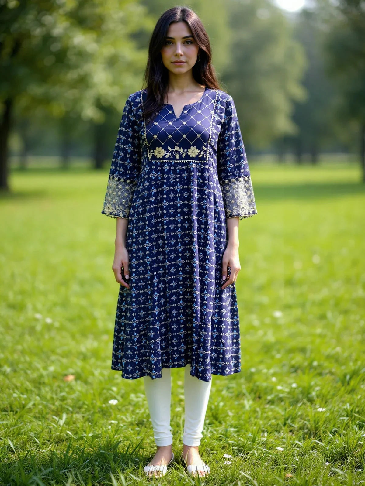 Buy Rayon Embroidered Anarkali Calf Length Kurta-Blue