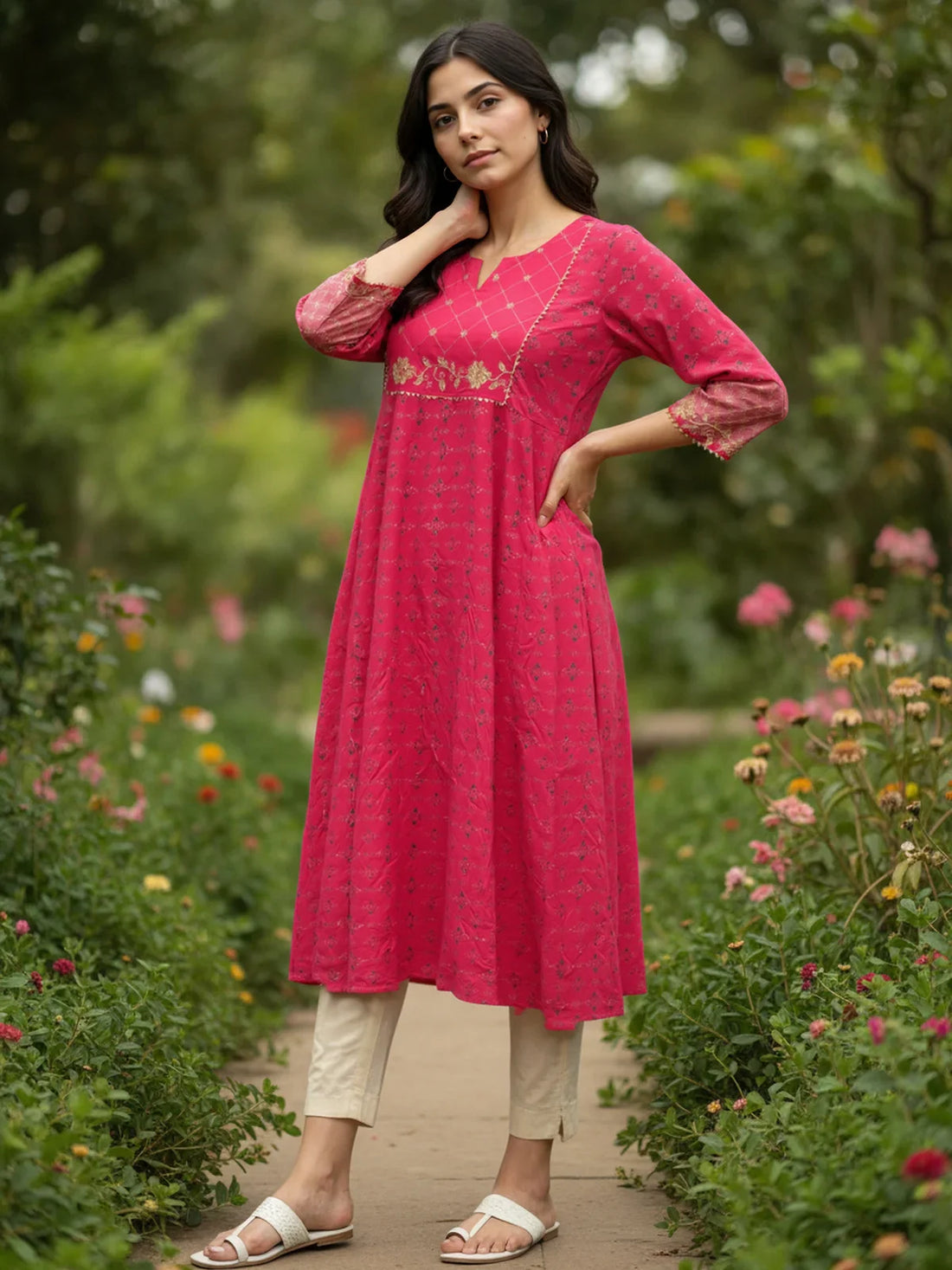 Buy Rayon Embroidered Anarkali Calf Length Kurta-Pink