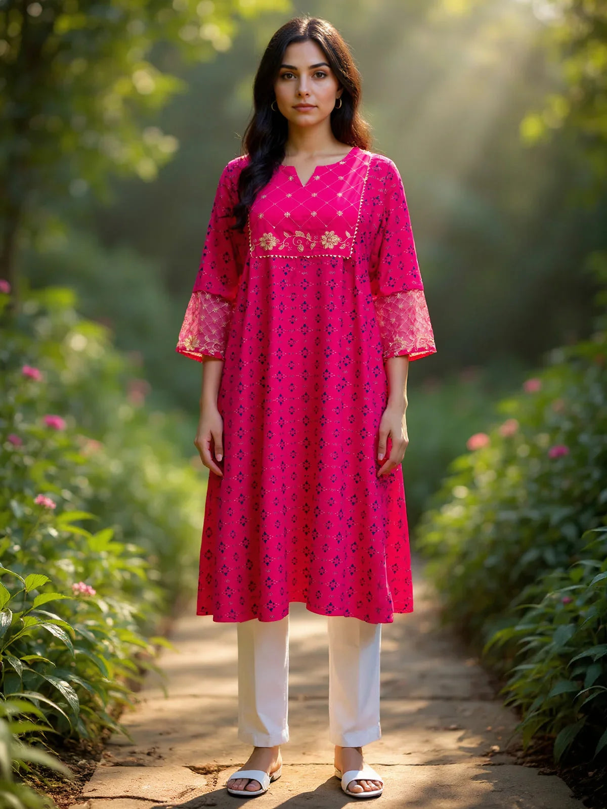 Buy Rayon Embroidered Anarkali Calf Length Kurta-Pink