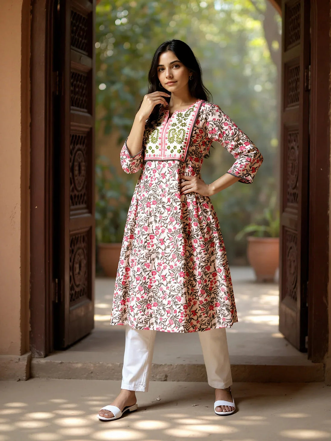 Buy Cotton Embroidered Flared Calf Length Kurta-Pink