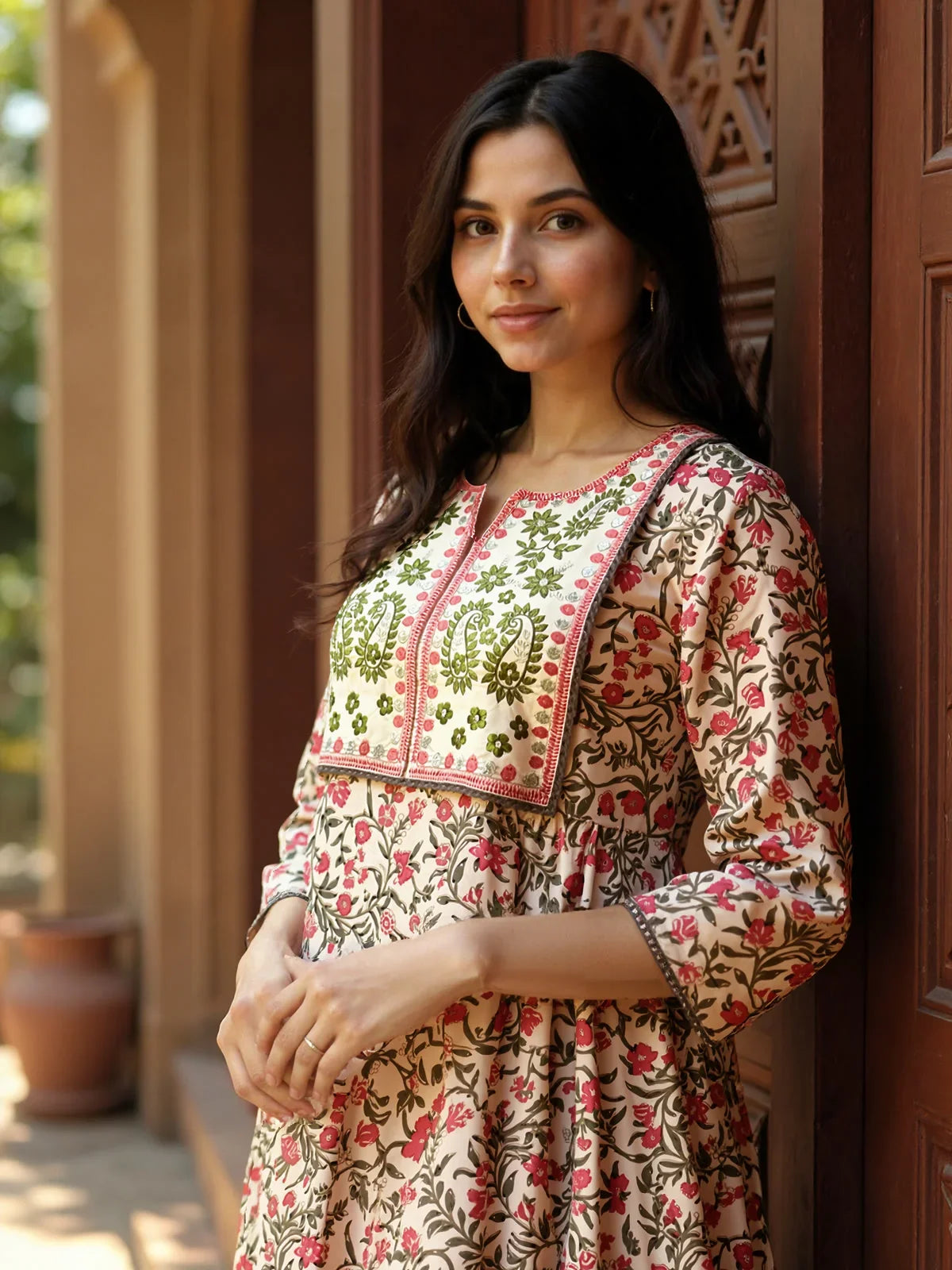 Buy Cotton Embroidered Flared Calf Length Kurta-Pink