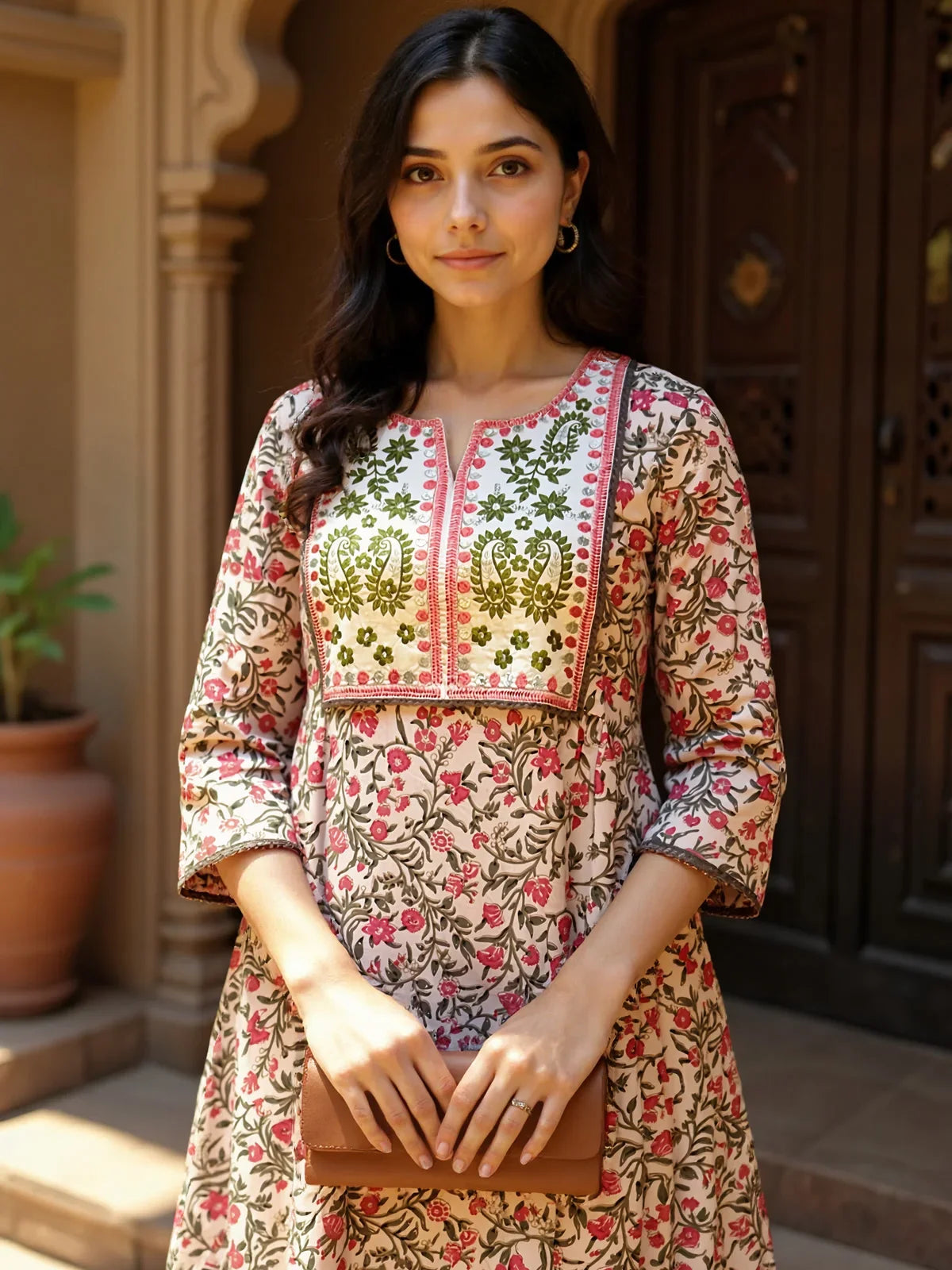 Buy Cotton Embroidered Flared Calf Length Kurta-Pink